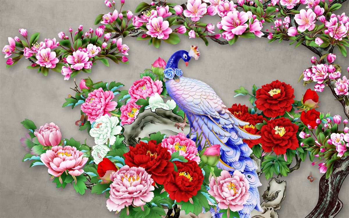 Papier peint paon au beau plumage sur les branches de magnolias et de roses en fleurs