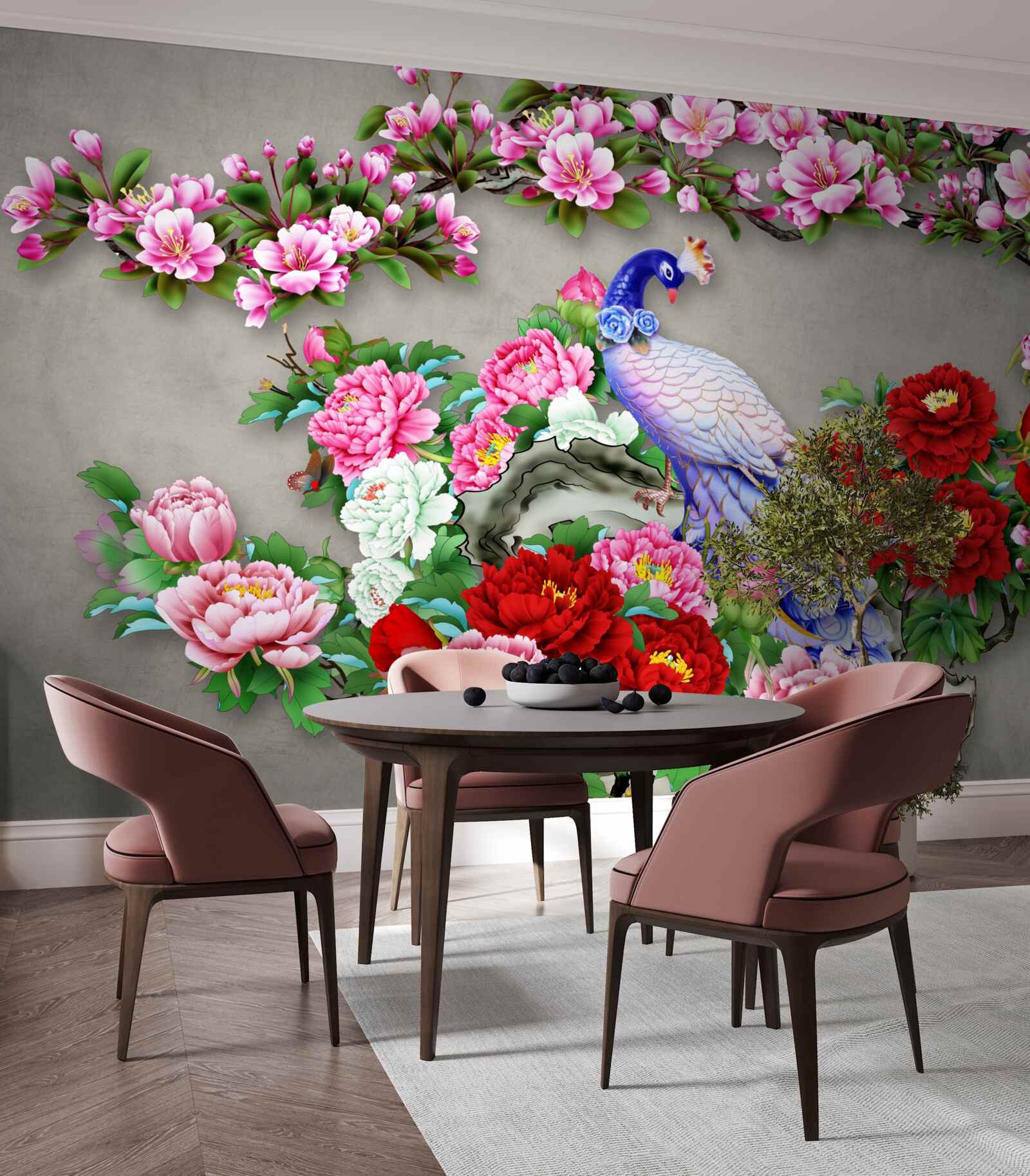 Papier peint paon au beau plumage sur les branches de magnolias et de roses en fleurs