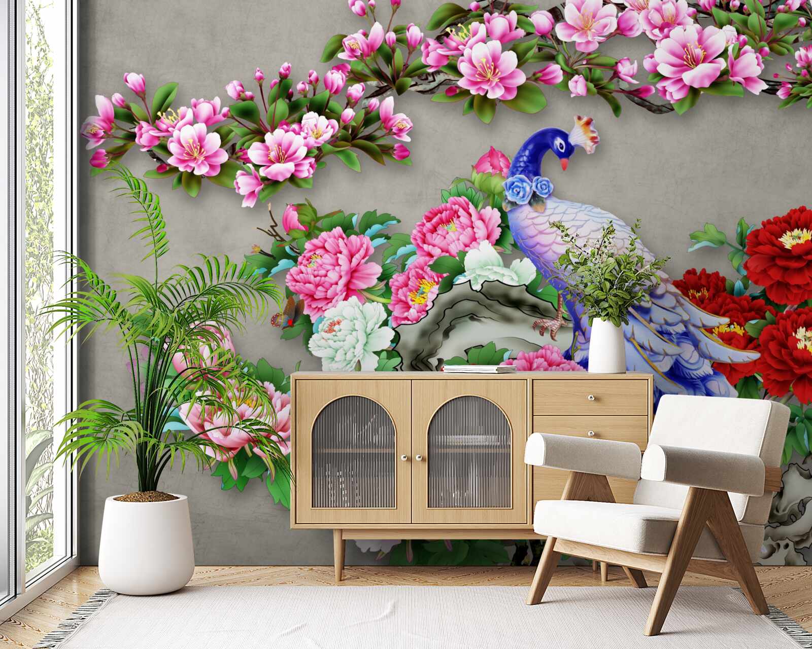 Papier peint paon au beau plumage sur les branches de magnolias et de roses en fleurs