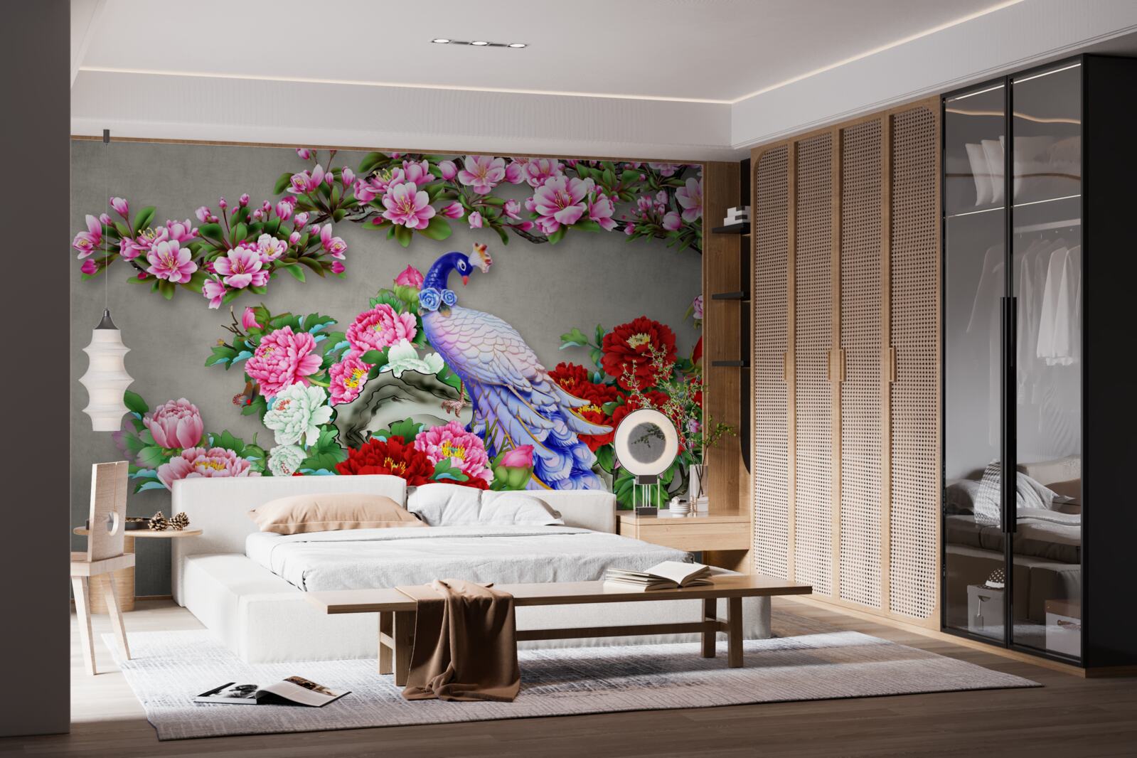 Papier peint paon au beau plumage sur les branches de magnolias et de roses en fleurs