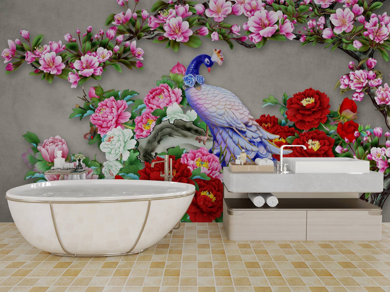 Papier peint paon au beau plumage sur les branches de magnolias et de roses en fleurs