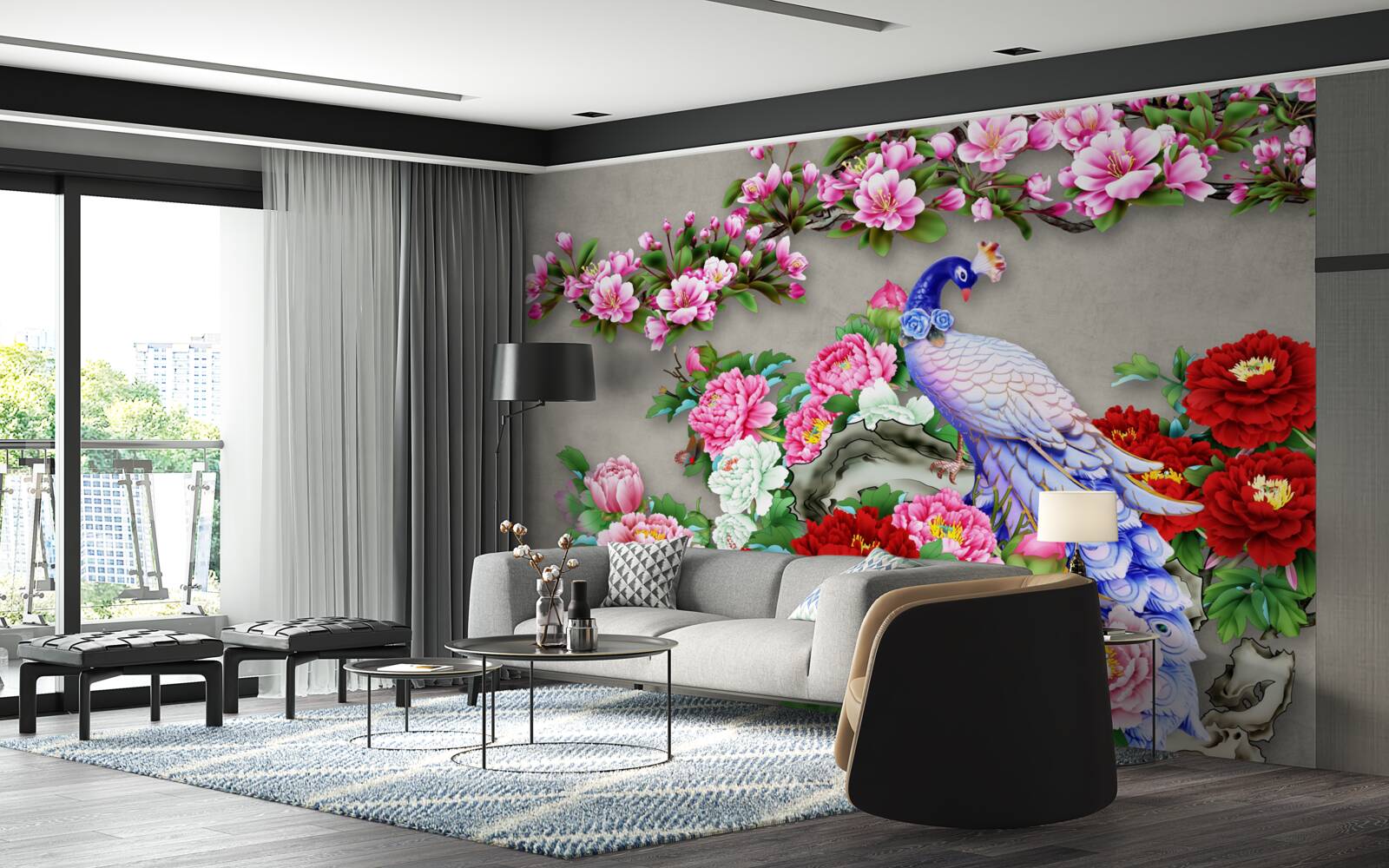 Papier peint paon au beau plumage sur les branches de magnolias et de roses en fleurs