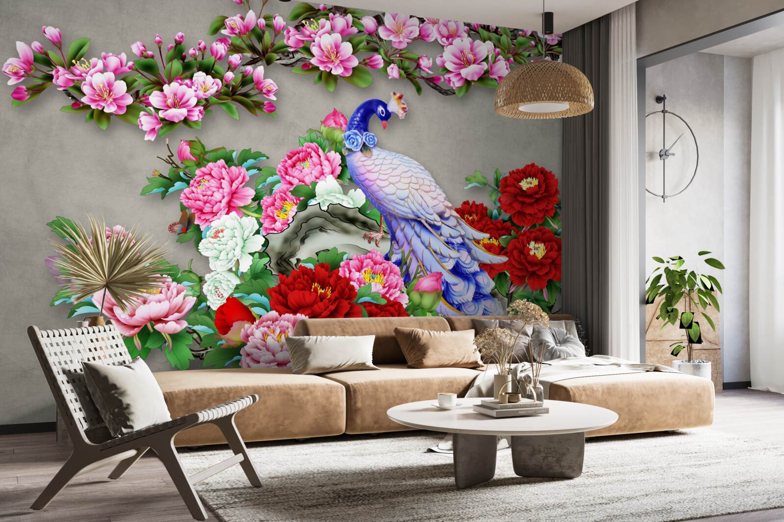 Papier peint paon au beau plumage sur les branches de magnolias et de roses en fleurs