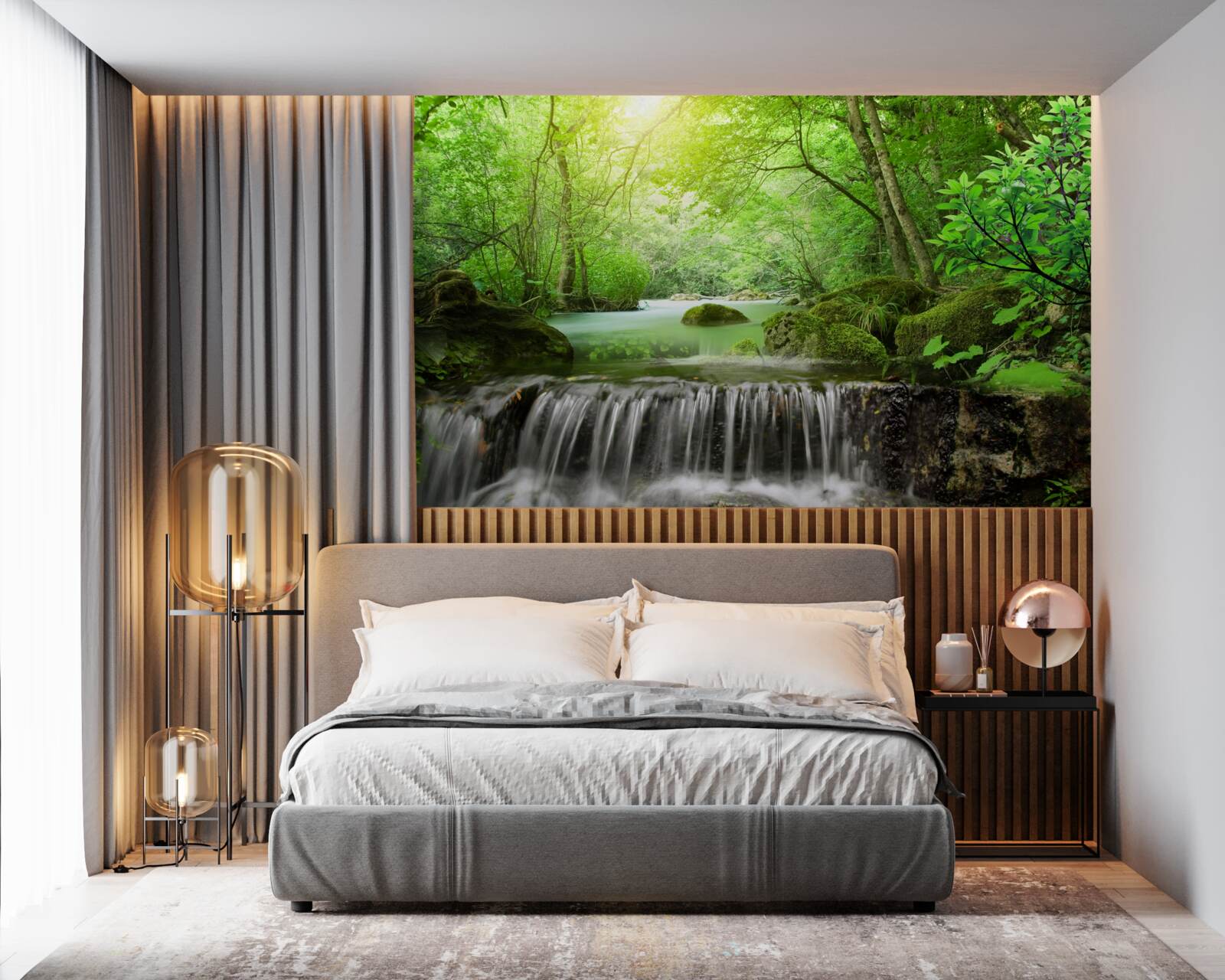 Papier peint les rayons du soleil atteignent la cascade