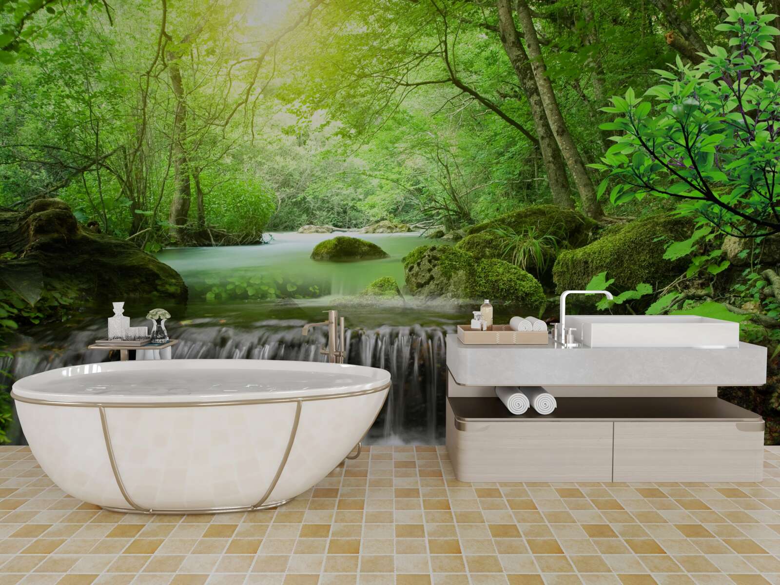 Papier peint les rayons du soleil atteignent la cascade