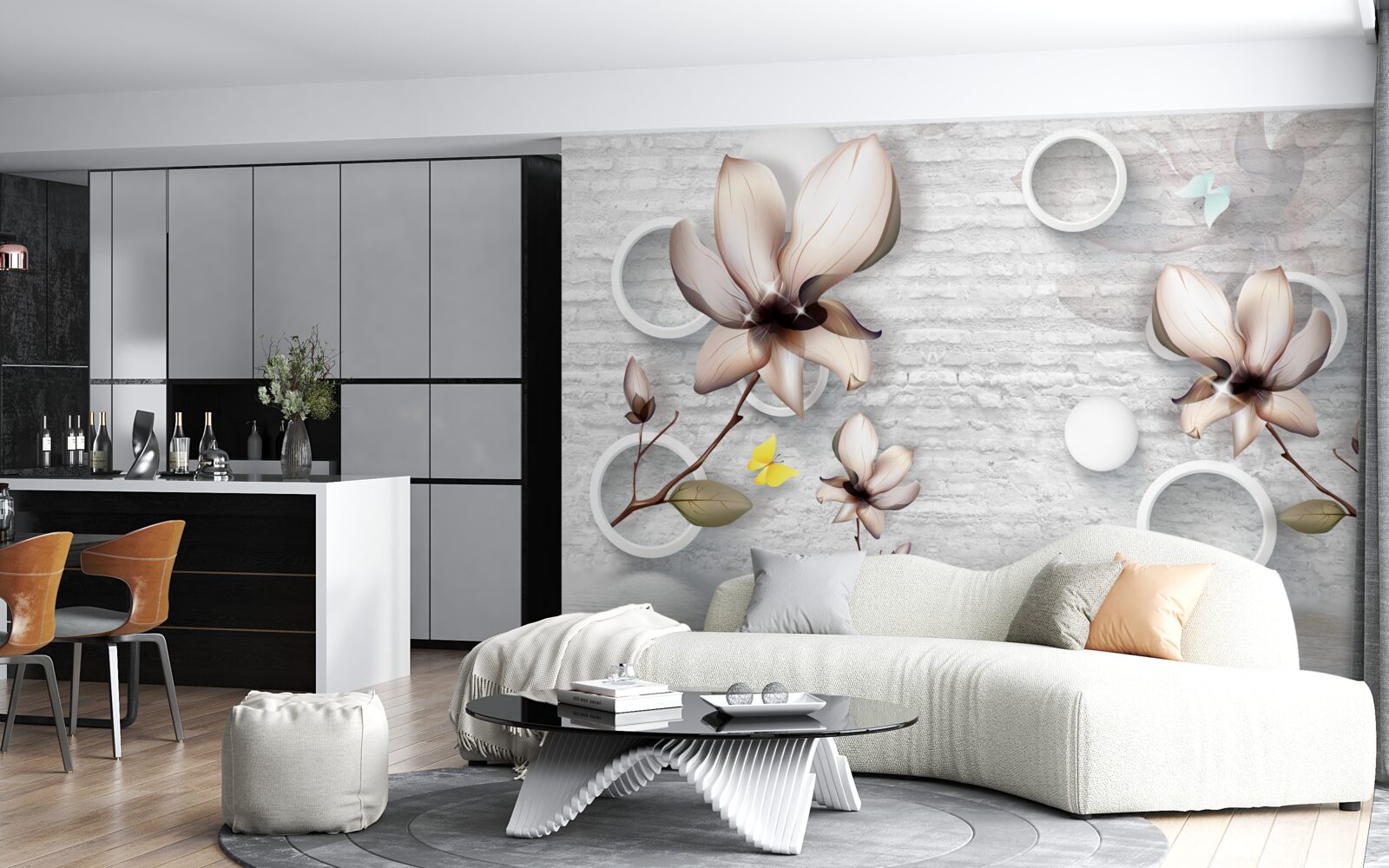 Papier peint bourgeons colorés sur un fond de briques inhabituel