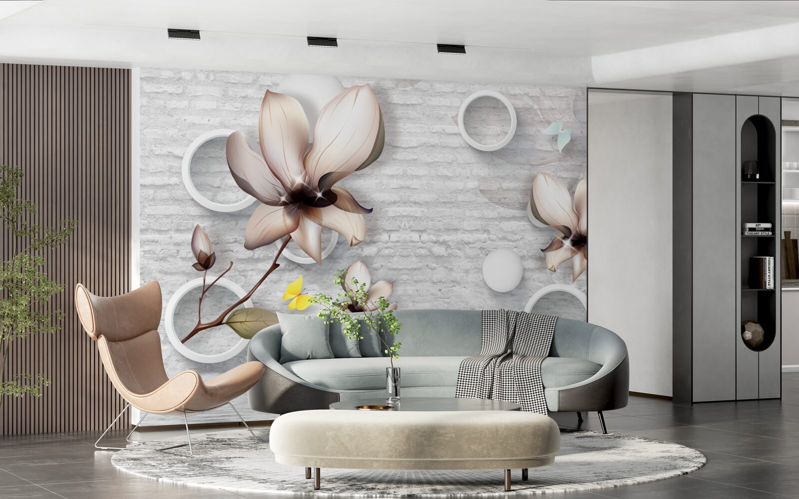 Papier peint bourgeons colorés sur un fond de briques inhabituel