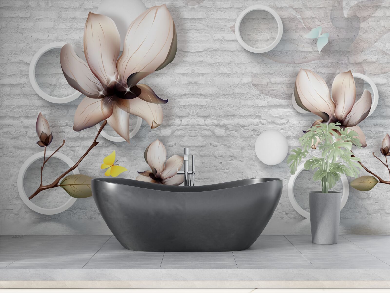 Papier peint bourgeons colorés sur un fond de briques inhabituel