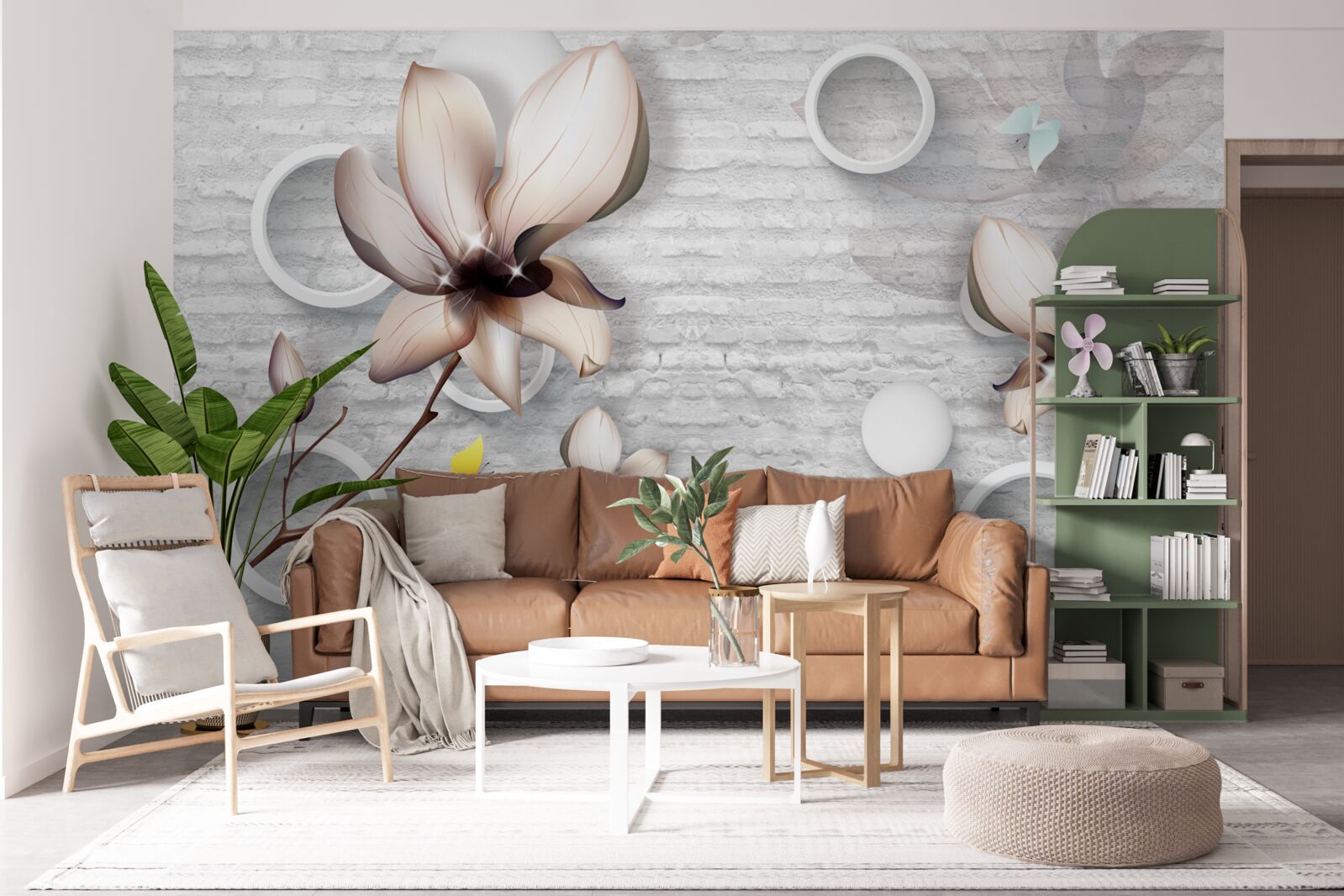 Papier peint bourgeons colorés sur un fond de briques inhabituel