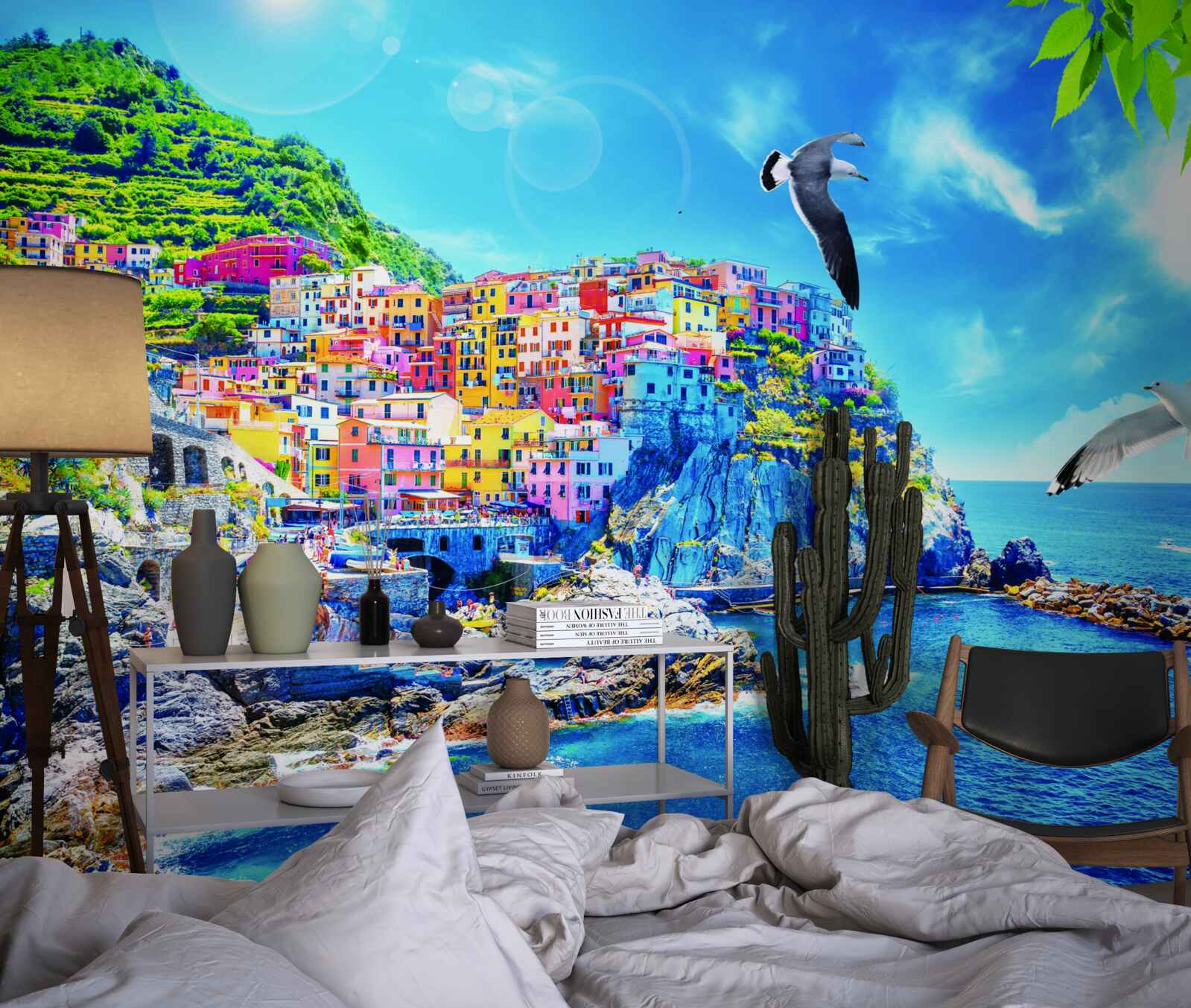 Papier peint petite ville près de la mer, sur de belles falaises, baignée d'une lumière éclatante