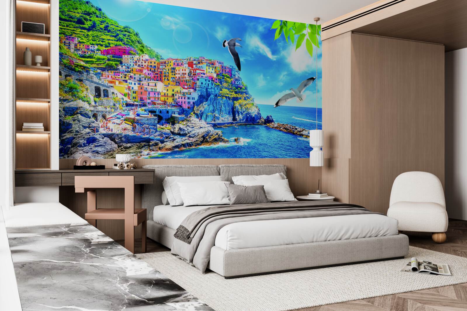 Papier peint petite ville près de la mer, sur de belles falaises, baignée d'une lumière éclatante