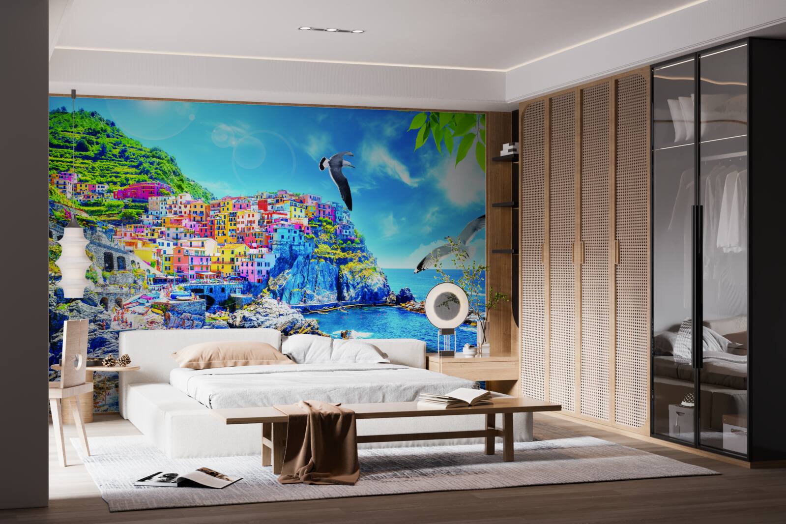 Papier peint petite ville près de la mer, sur de belles falaises, baignée d'une lumière éclatante