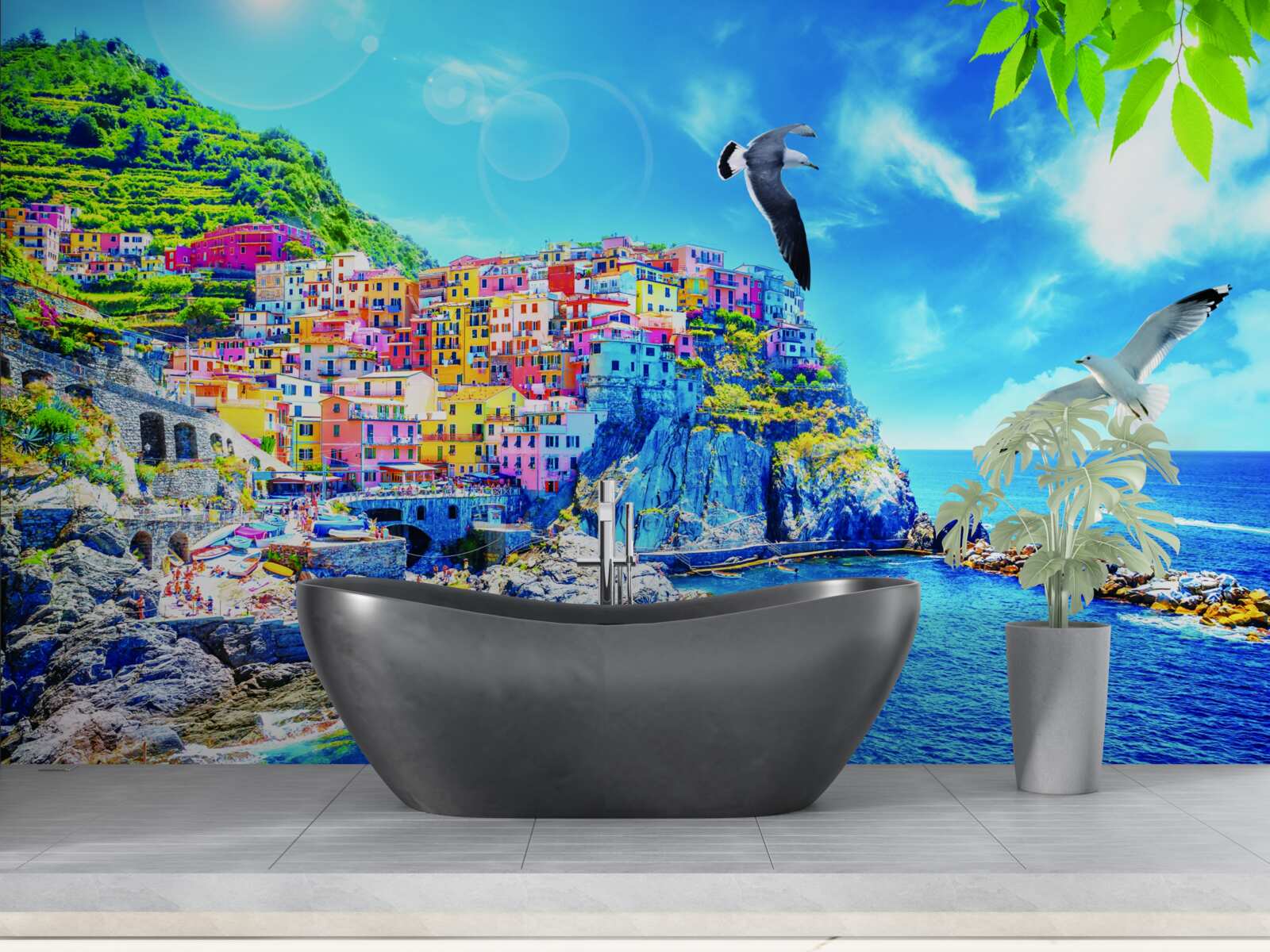 Papier peint petite ville près de la mer, sur de belles falaises, baignée d'une lumière éclatante