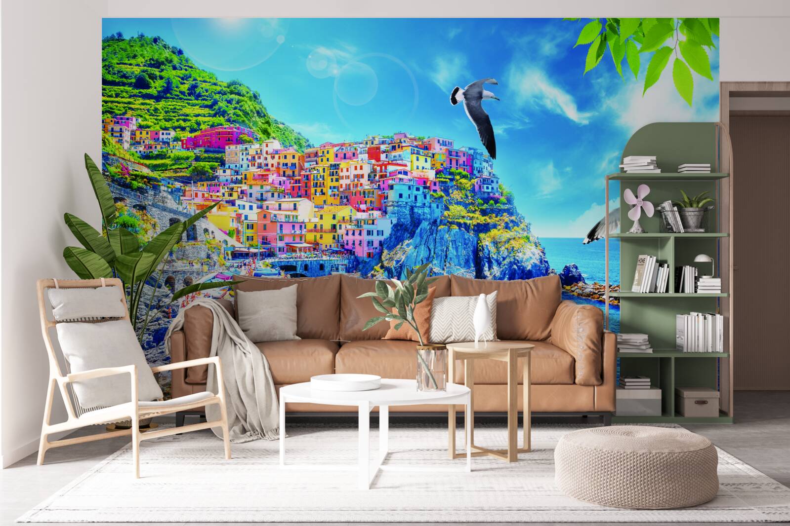 Papier peint petite ville près de la mer, sur de belles falaises, baignée d'une lumière éclatante