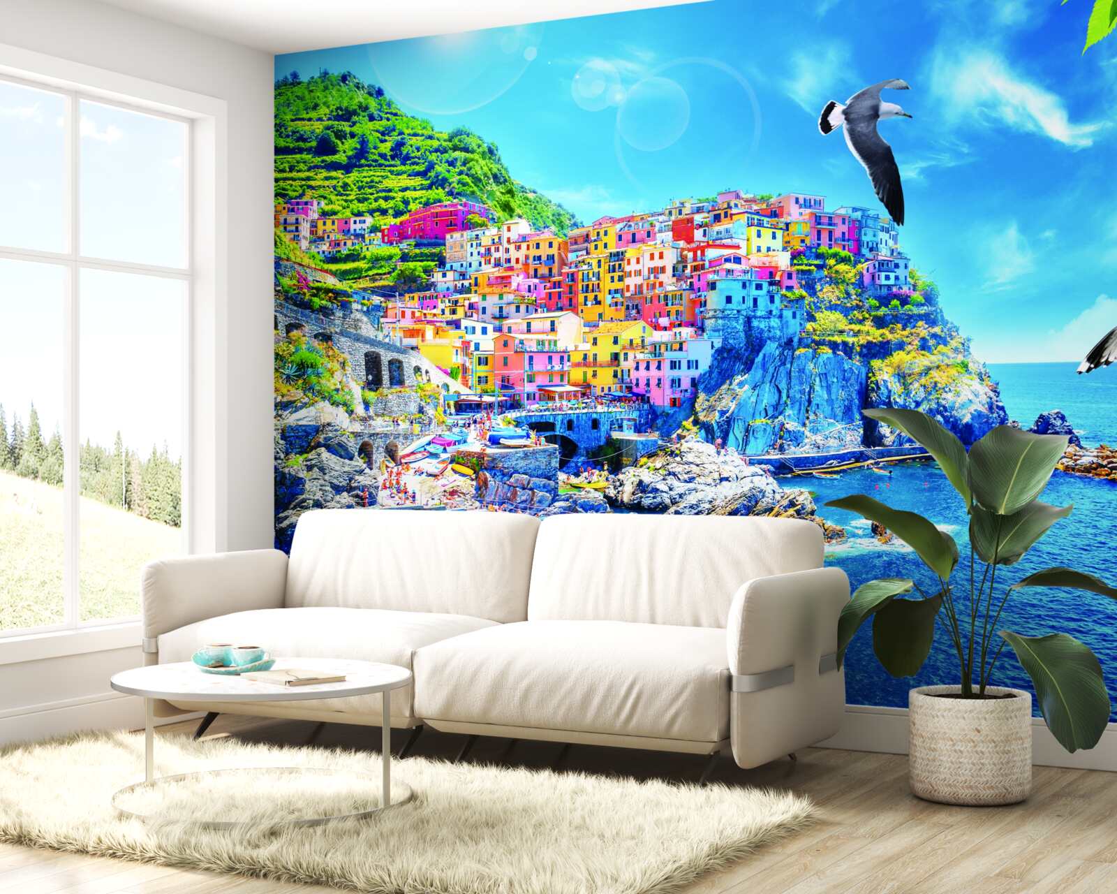 Papier peint petite ville près de la mer, sur de belles falaises, baignée d'une lumière éclatante