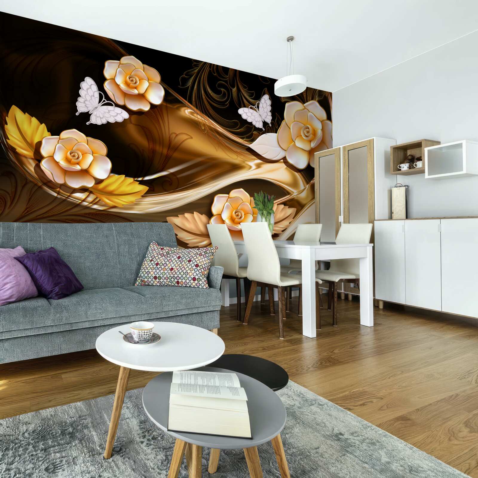 Papier peint magnolias à fleurs crème sur des branches délicates