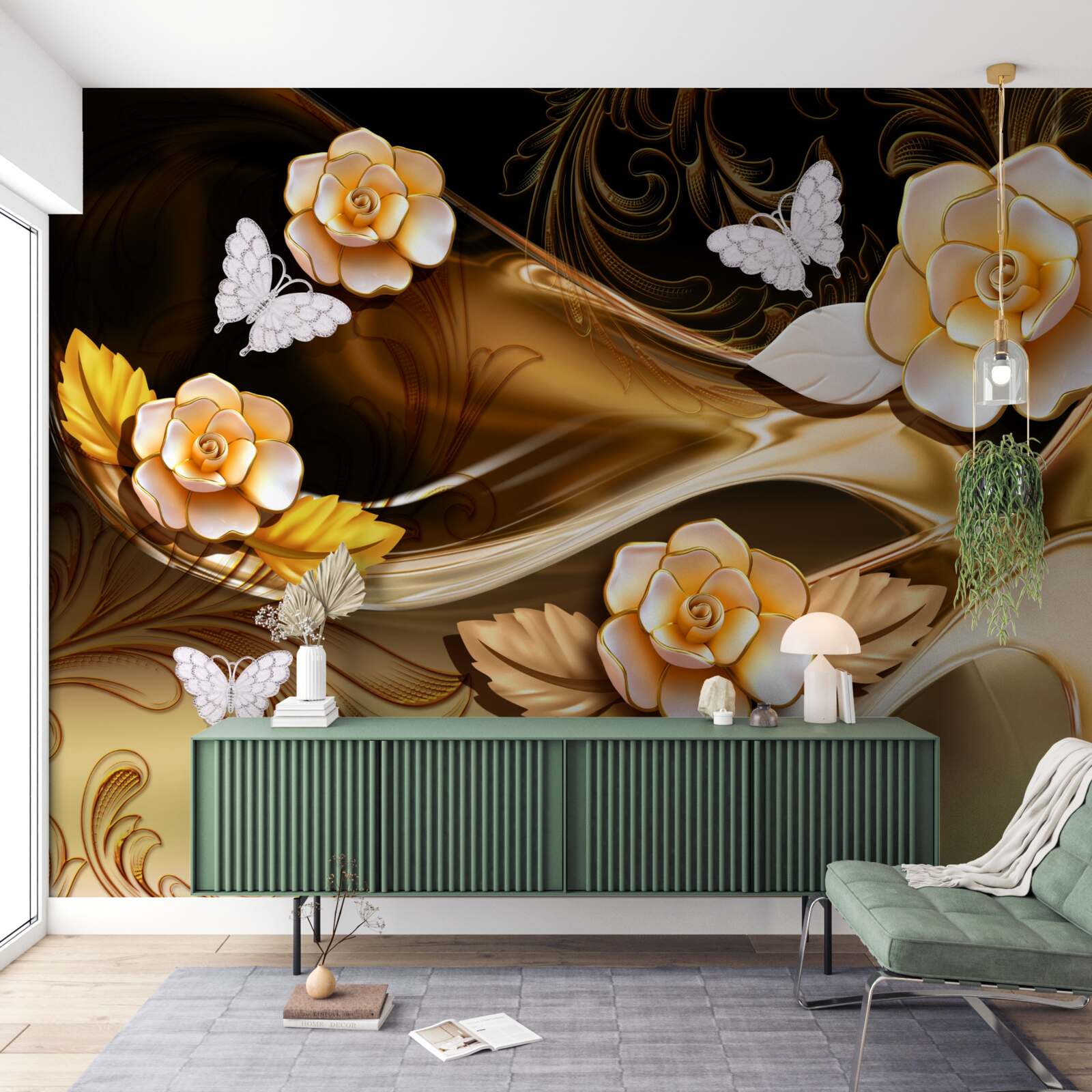 Papier peint magnolias à fleurs crème sur des branches délicates