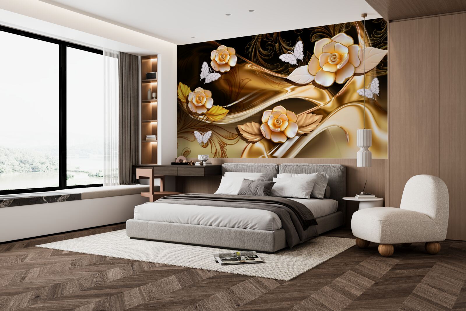 Papier peint magnolias à fleurs crème sur des branches délicates