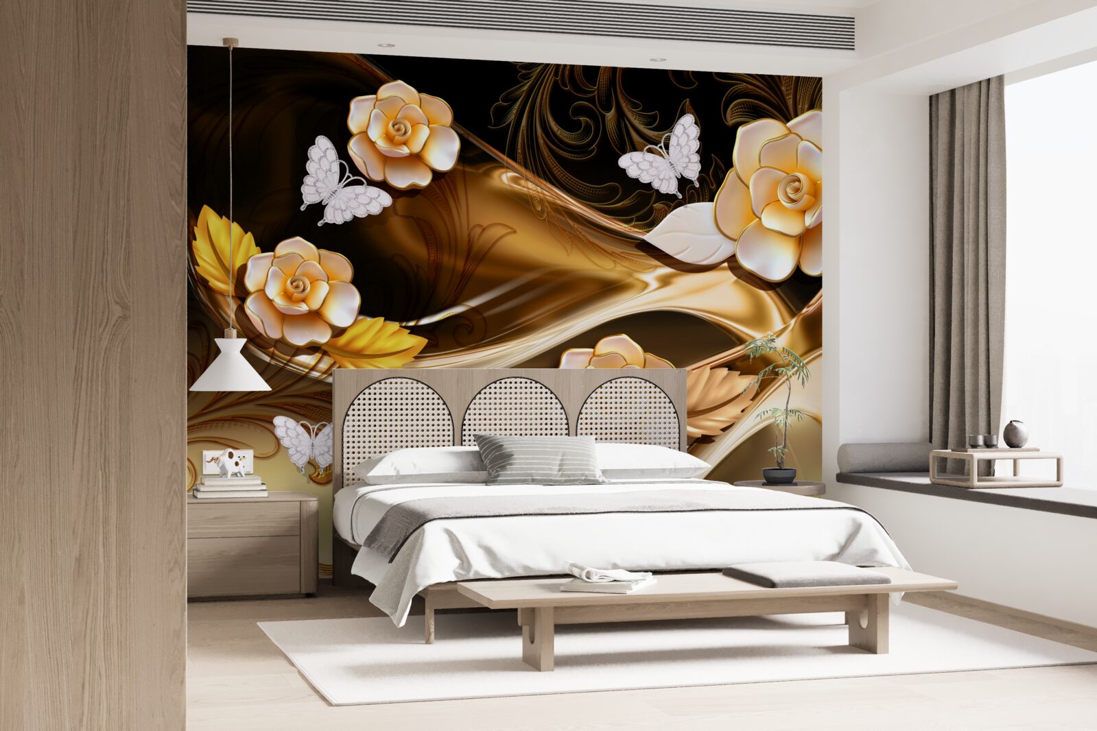 Papier peint magnolias à fleurs crème sur des branches délicates