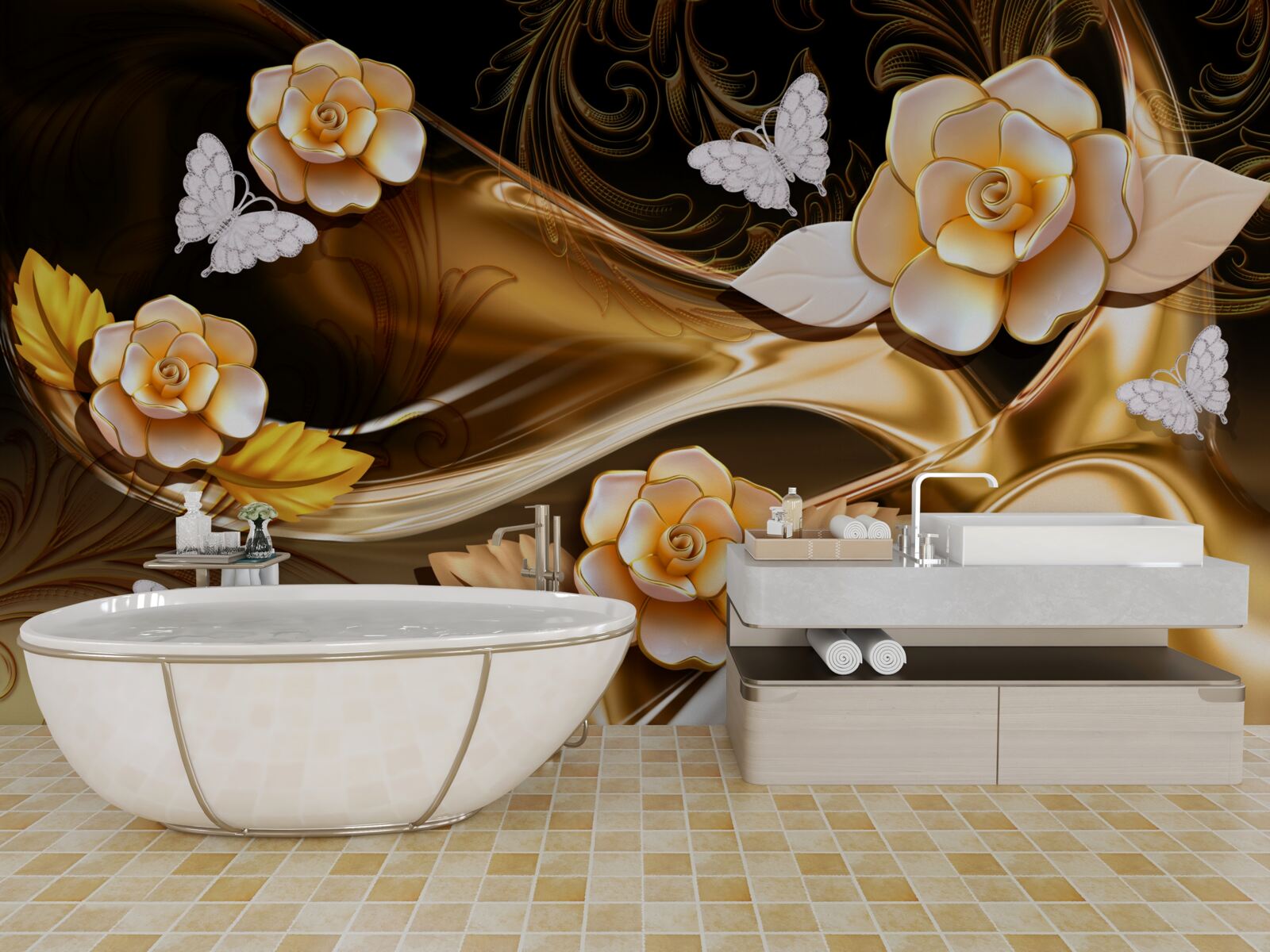 Papier peint magnolias à fleurs crème sur des branches délicates