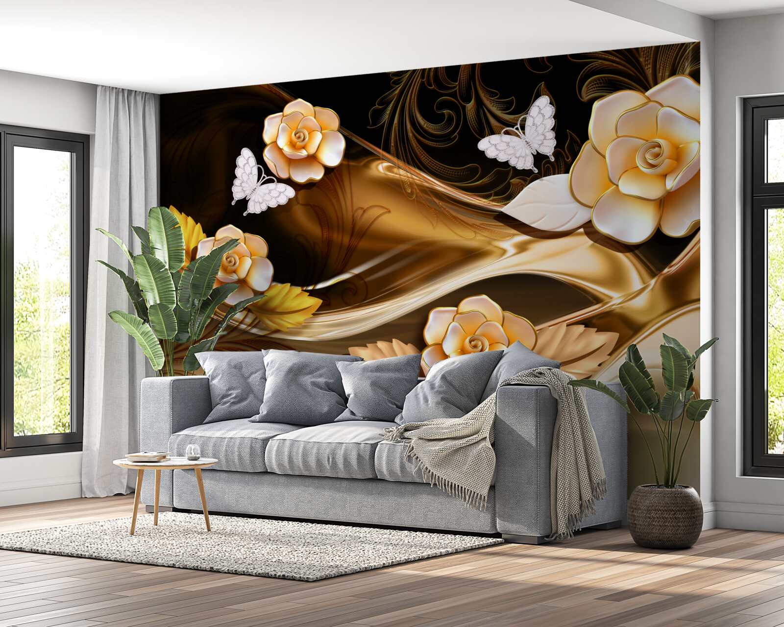 Papier peint magnolias à fleurs crème sur des branches délicates