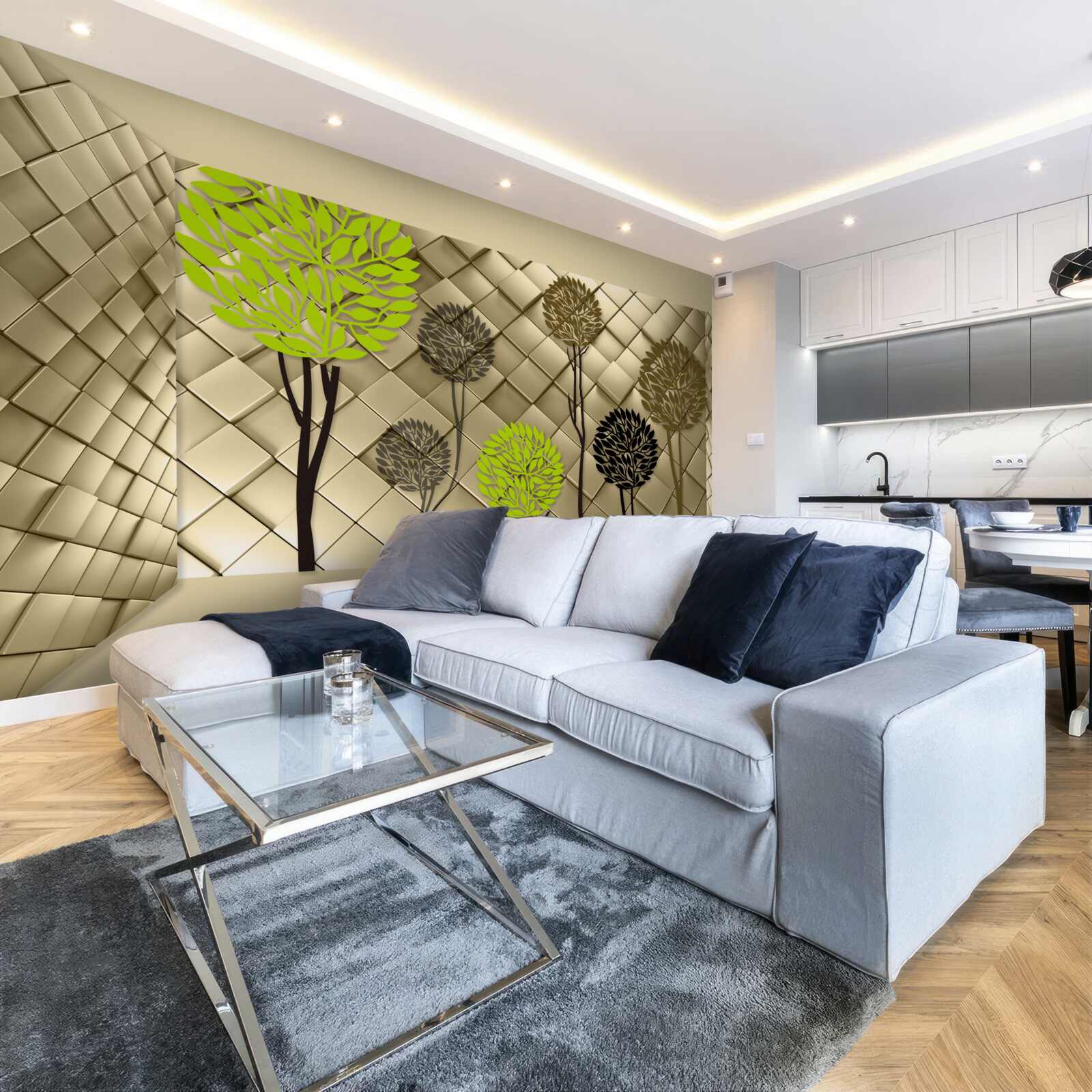 Papier peint des abstractions dans des tons de vert et de brun sont placées sur une base en or