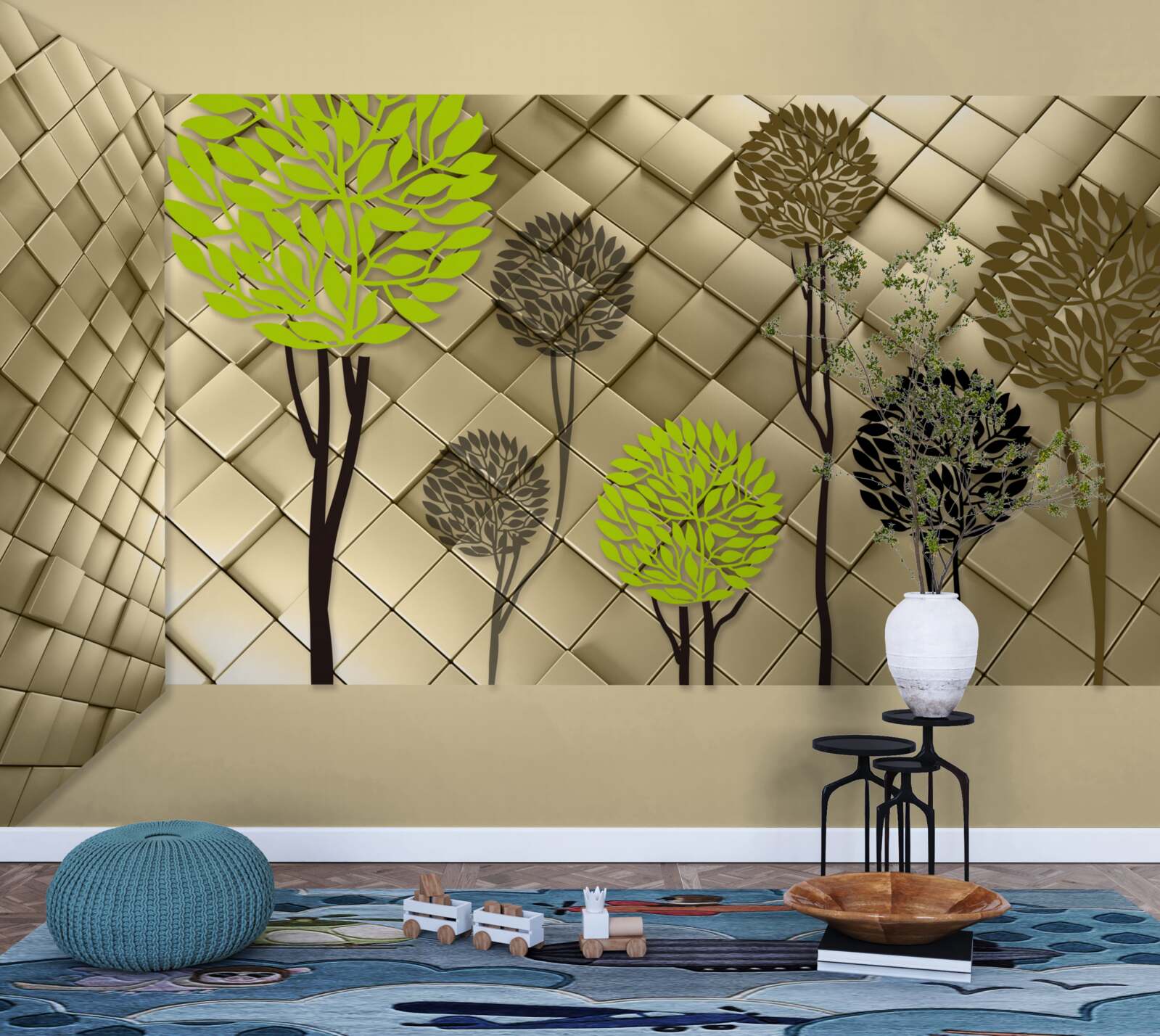 Papier peint des abstractions dans des tons de vert et de brun sont placées sur une base en or