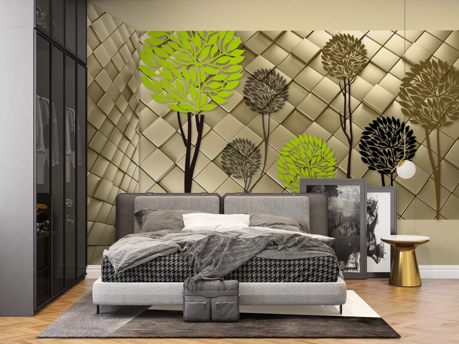 Papier peint des abstractions dans des tons de vert et de brun sont placées sur une base en or