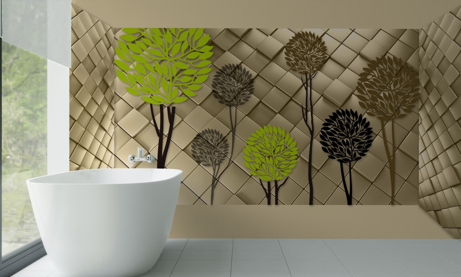 Papier peint des abstractions dans des tons de vert et de brun sont placées sur une base en or