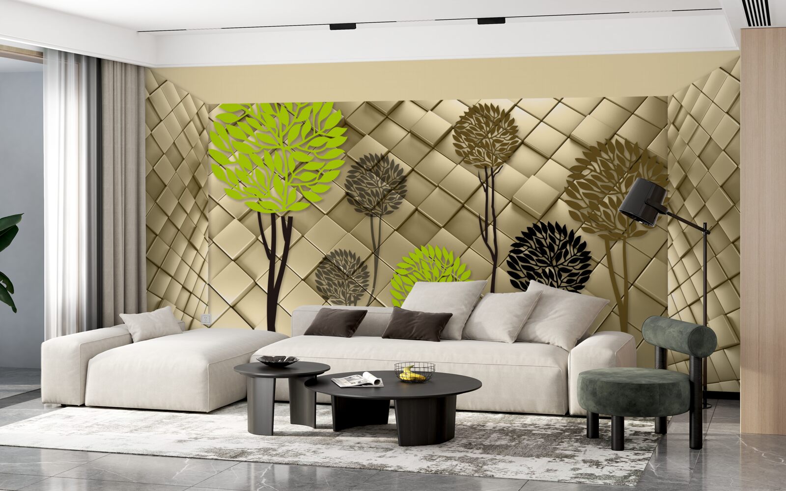 Papier peint des abstractions dans des tons de vert et de brun sont placées sur une base en or