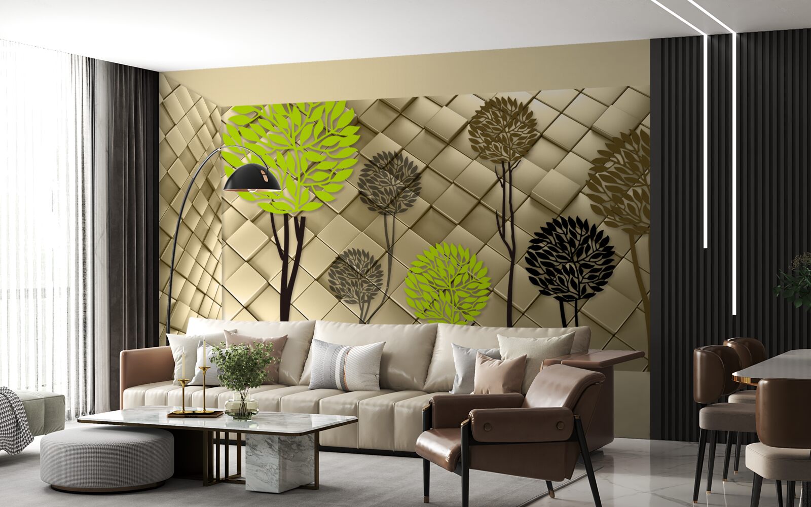 Papier peint des abstractions dans des tons de vert et de brun sont placées sur une base en or