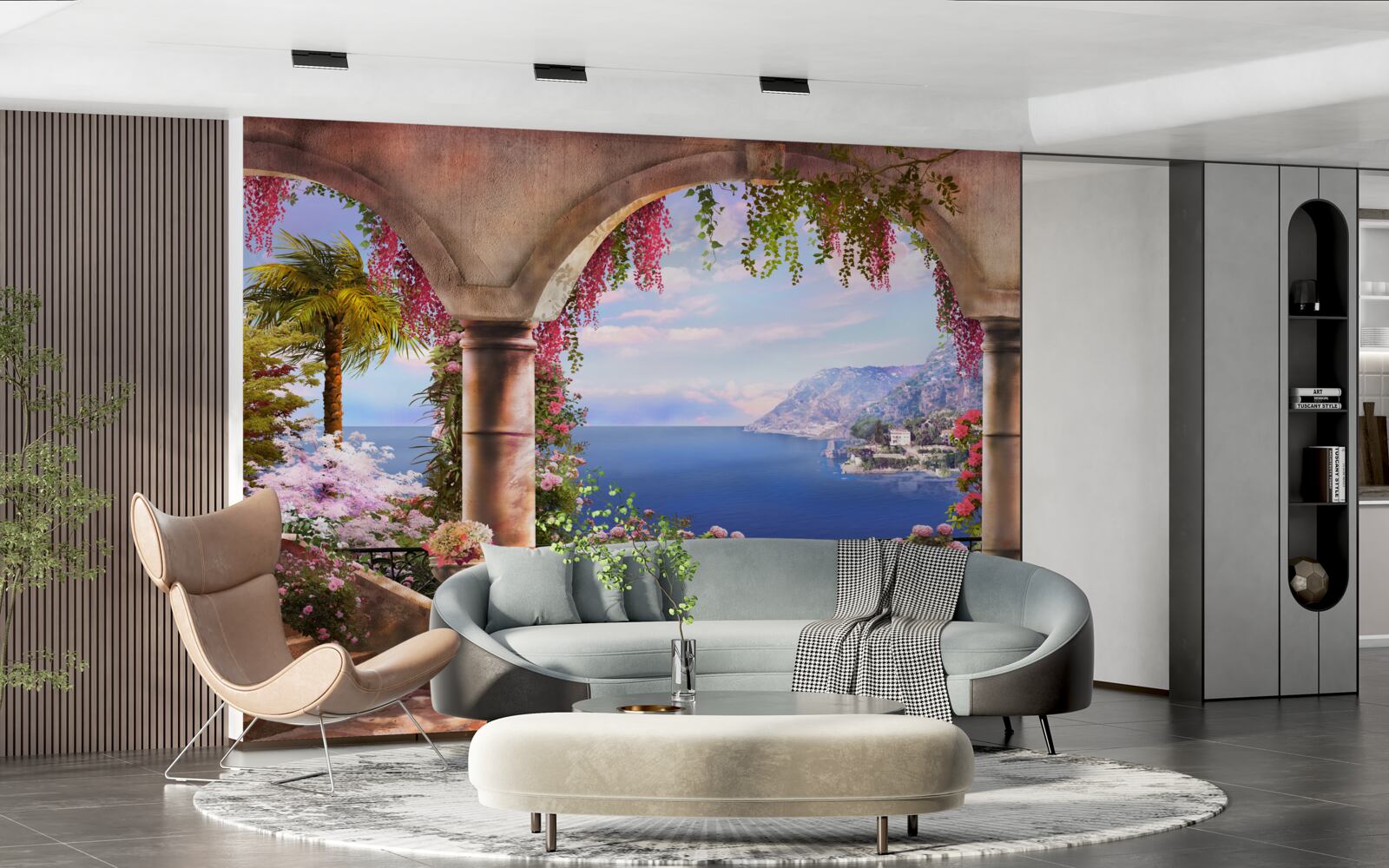 Papier peint Des arches en pierre sont situées près des rives de la mer bleue.