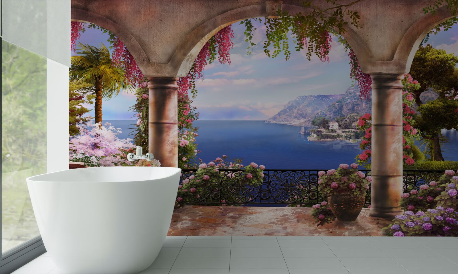 Papier peint Des arches en pierre sont situées près des rives de la mer bleue.