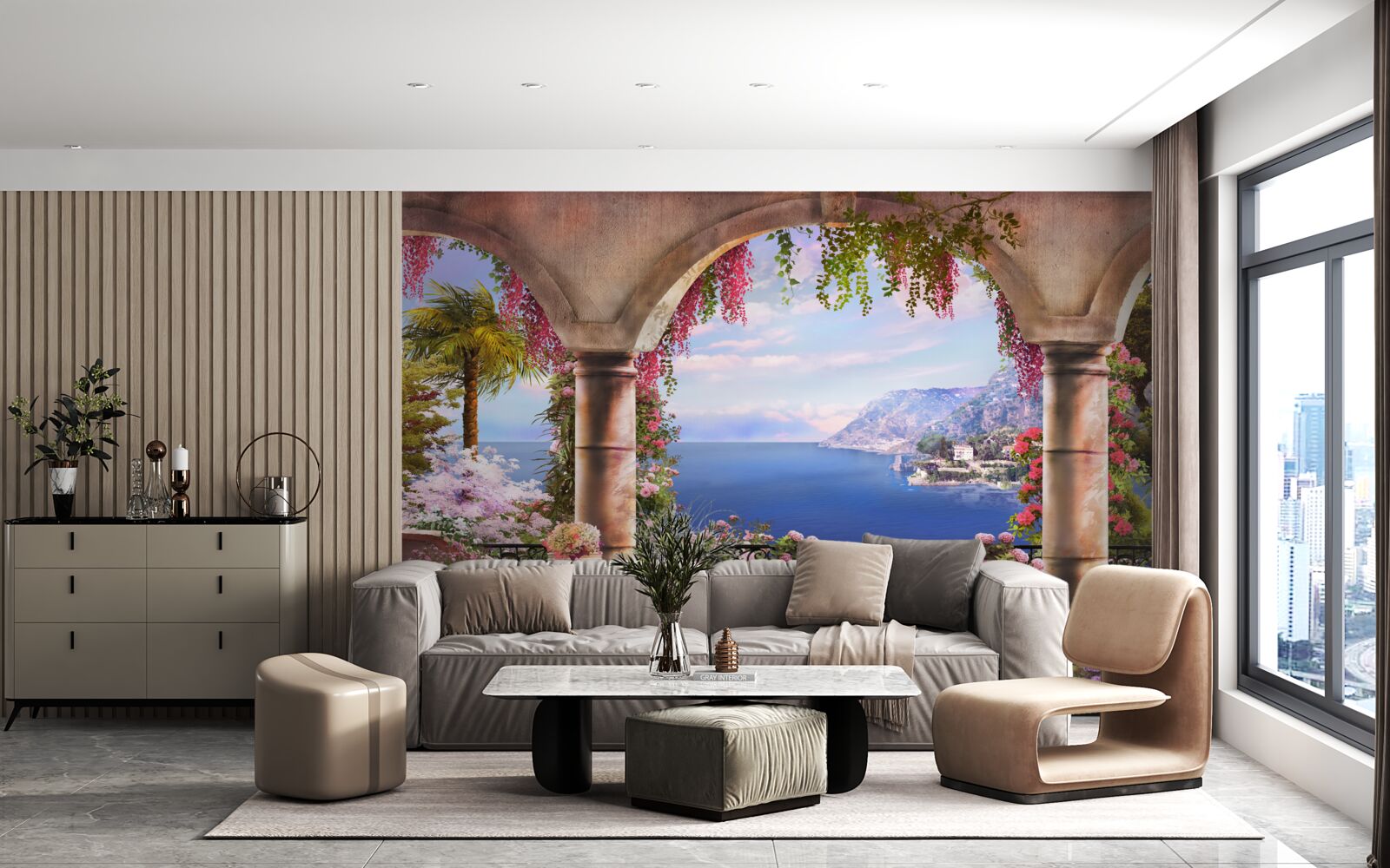 Papier peint Des arches en pierre sont situées près des rives de la mer bleue.