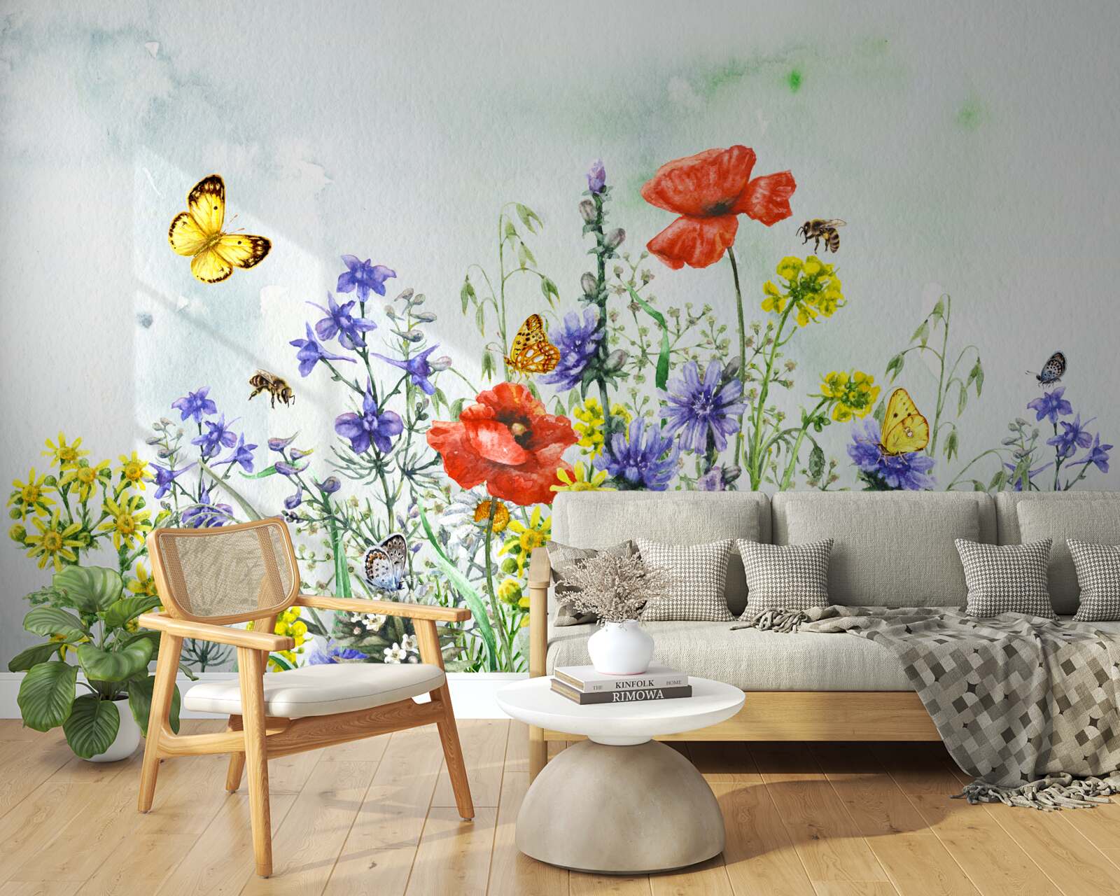 Papier peint Papillons spectaculaires et fleurs de prairie en été