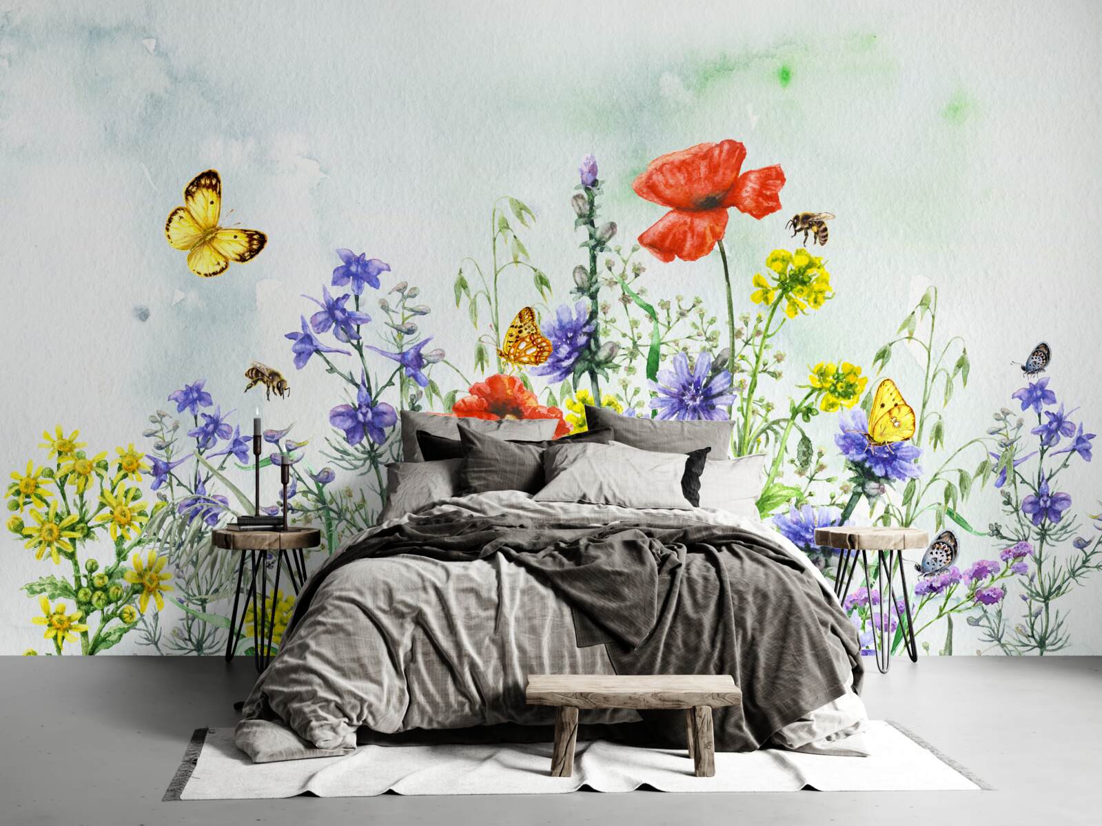 Papier peint Papillons spectaculaires et fleurs de prairie en été