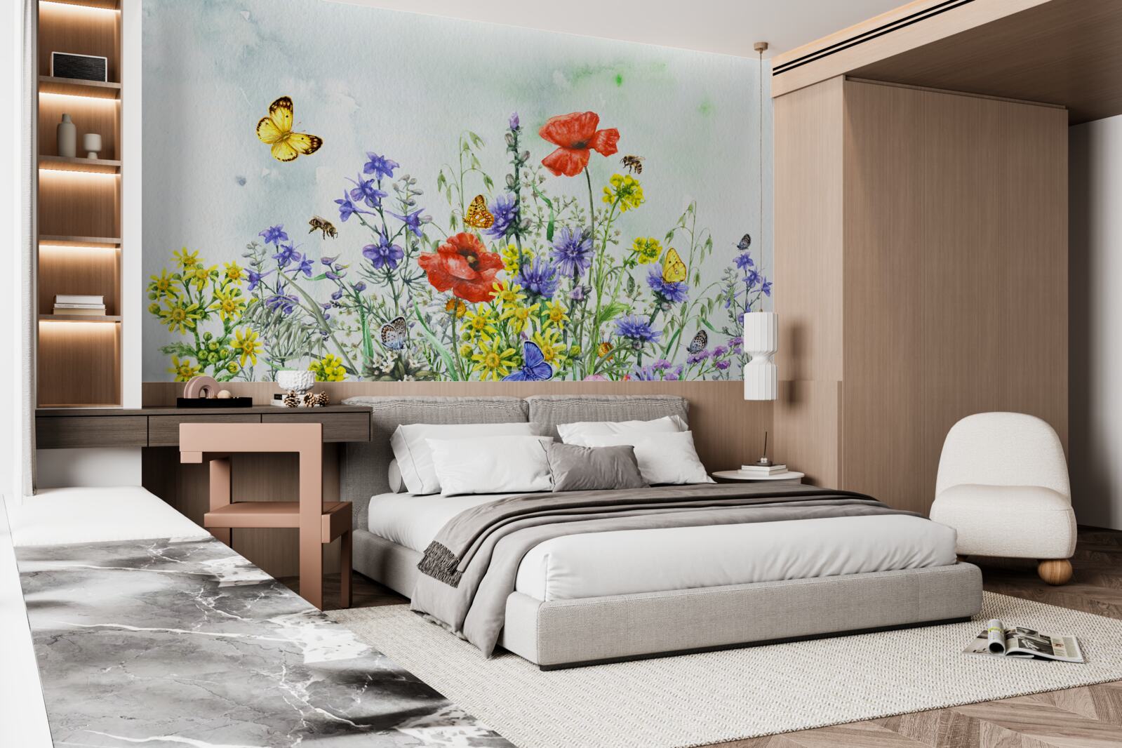 Papier peint Papillons spectaculaires et fleurs de prairie en été