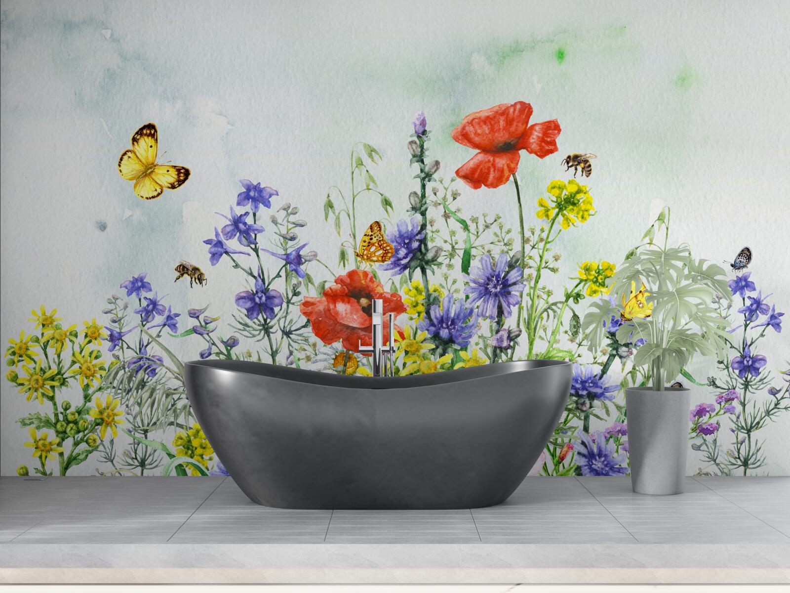 Papier peint Papillons spectaculaires et fleurs de prairie en été