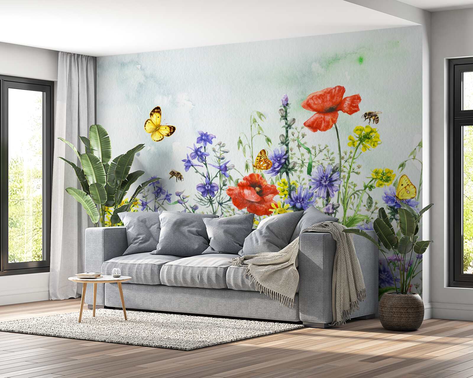 Papier peint Papillons spectaculaires et fleurs de prairie en été