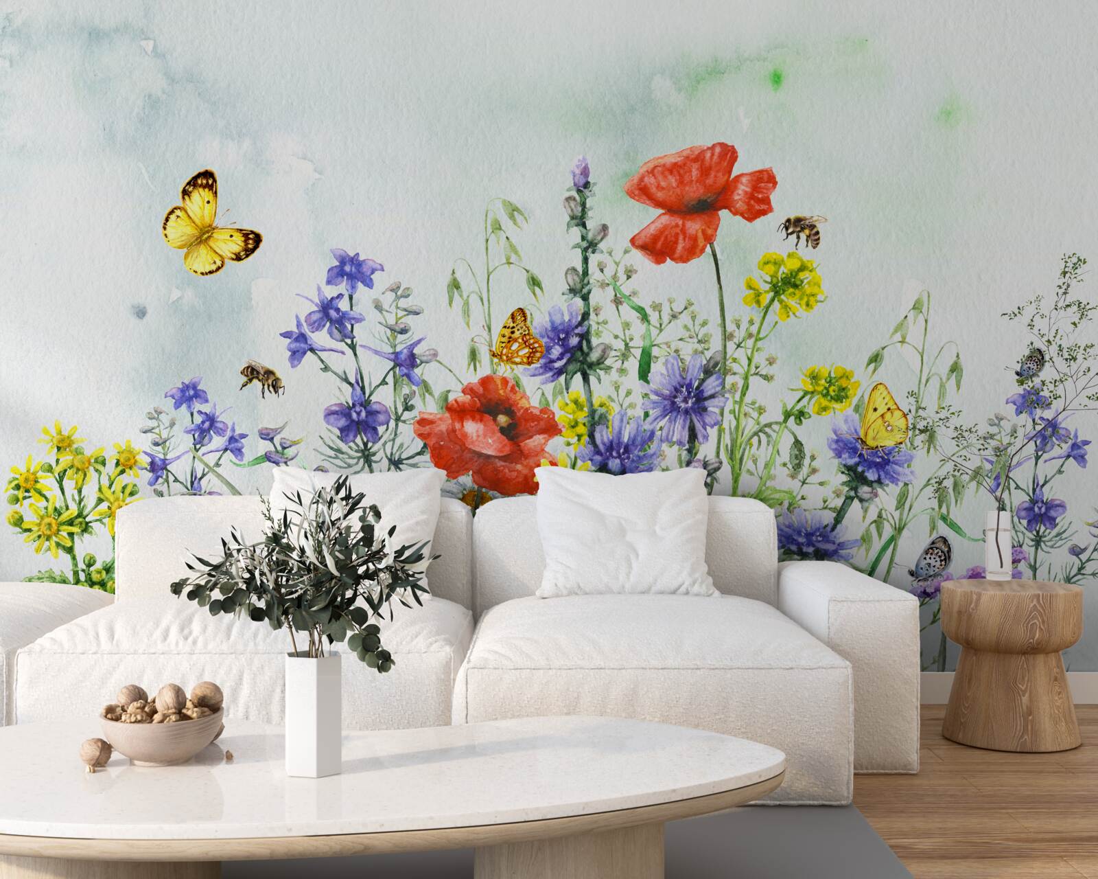 Papier peint Papillons spectaculaires et fleurs de prairie en été