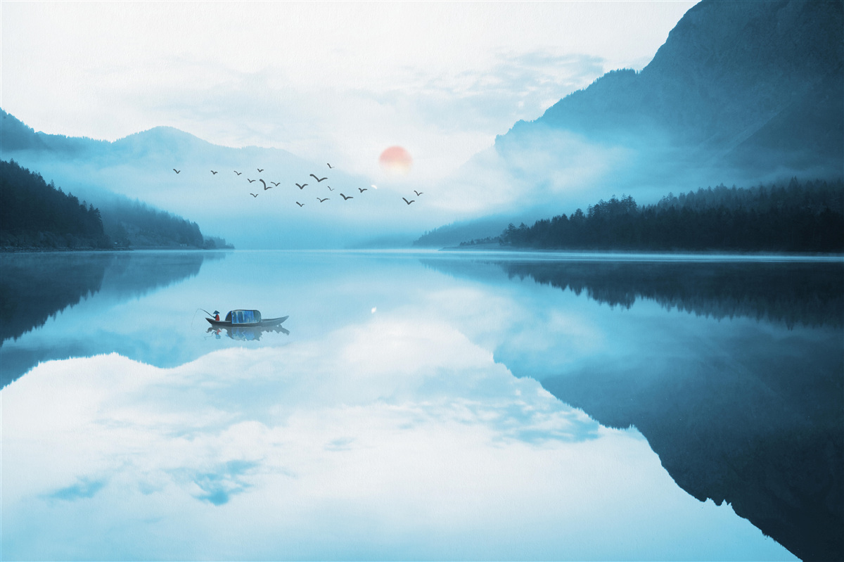 Papier peint au coucher du soleil, le pêcheur est en eau profonde