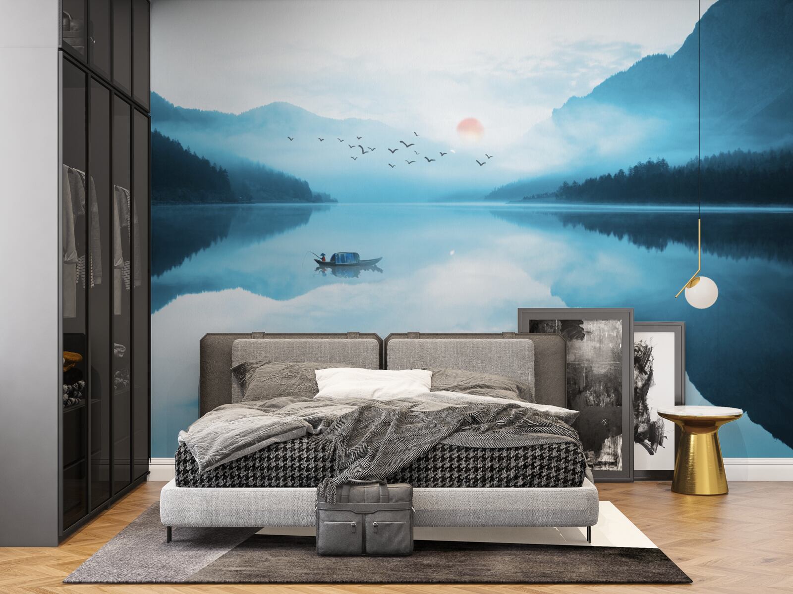 Papier peint au coucher du soleil, le pêcheur est en eau profonde