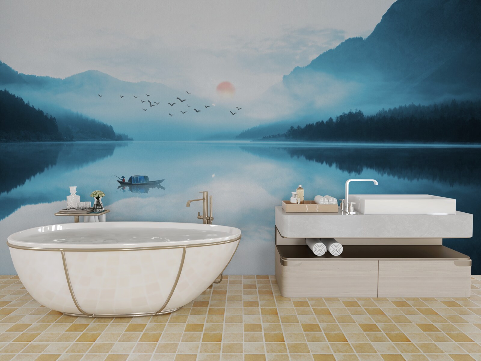 Papier peint au coucher du soleil, le pêcheur est en eau profonde