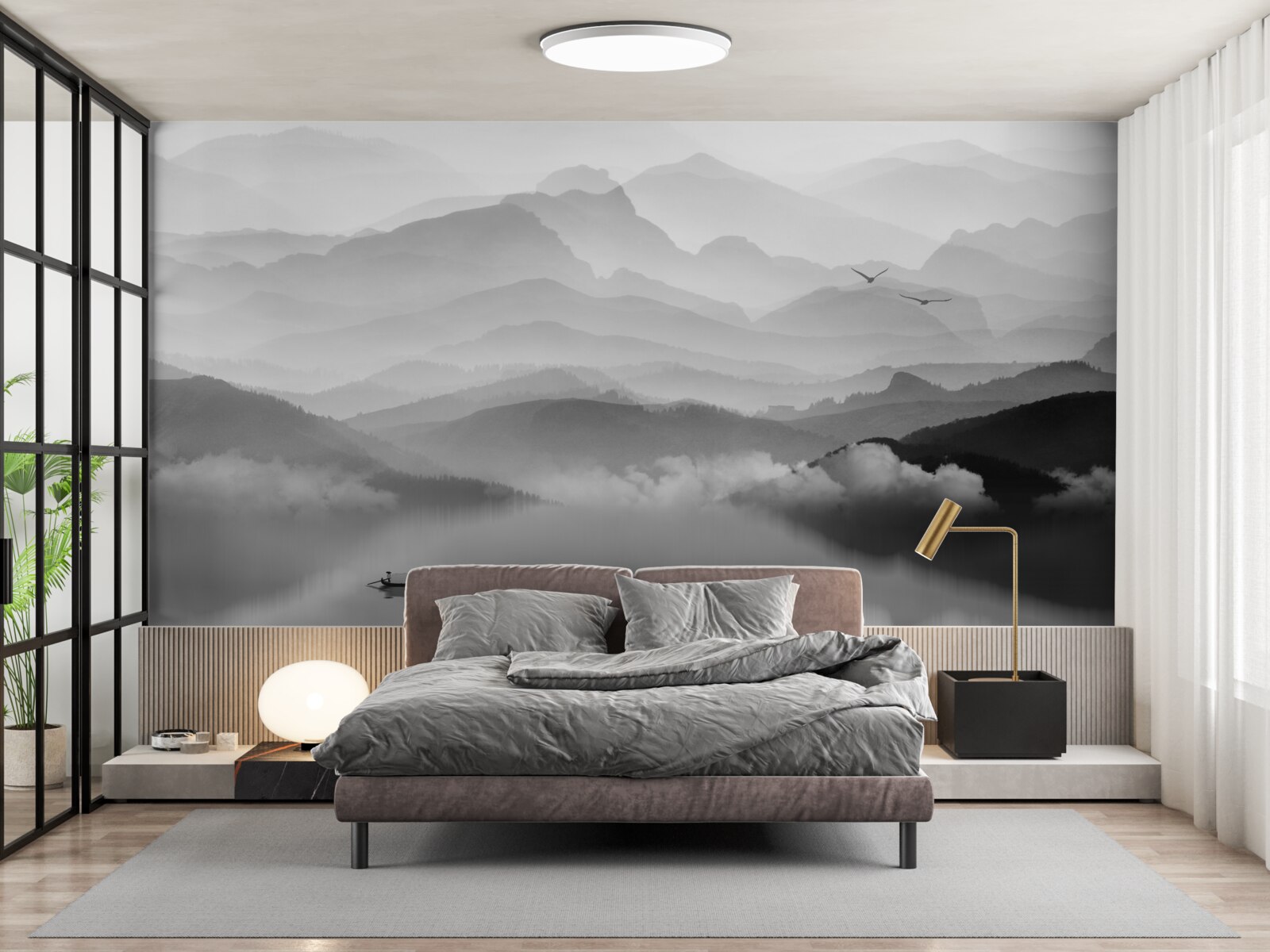 Papier peint un pêcheur revient sur le lac de misty mountain