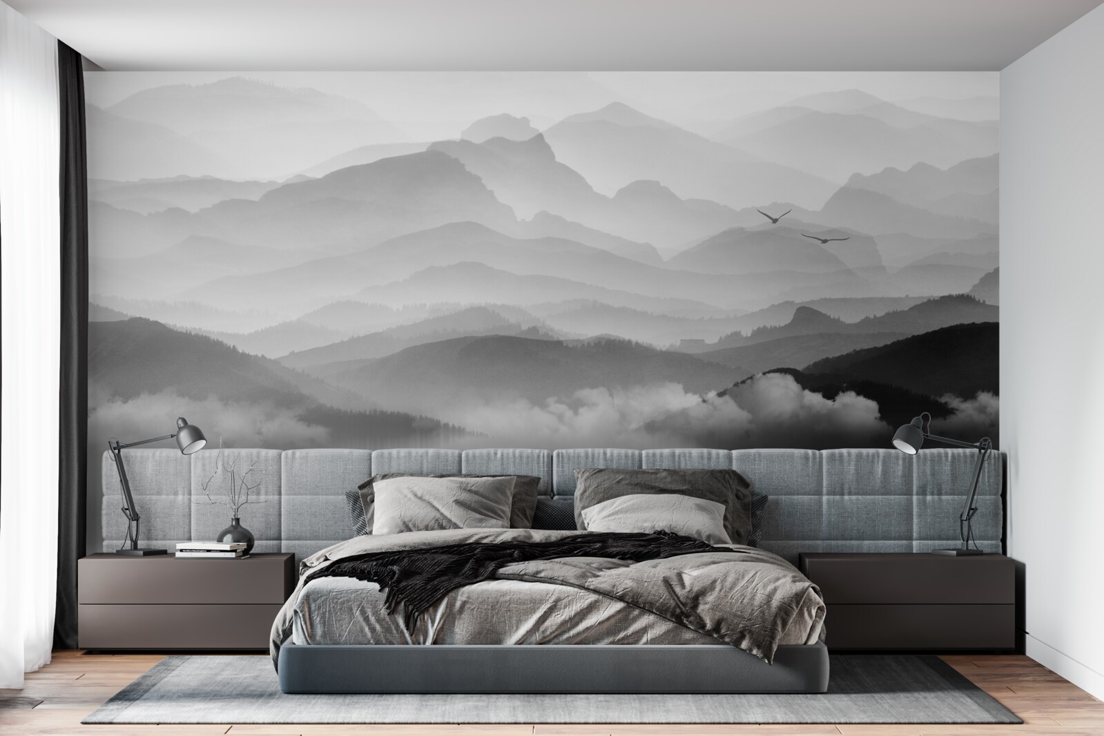 Papier peint un pêcheur revient sur le lac de misty mountain