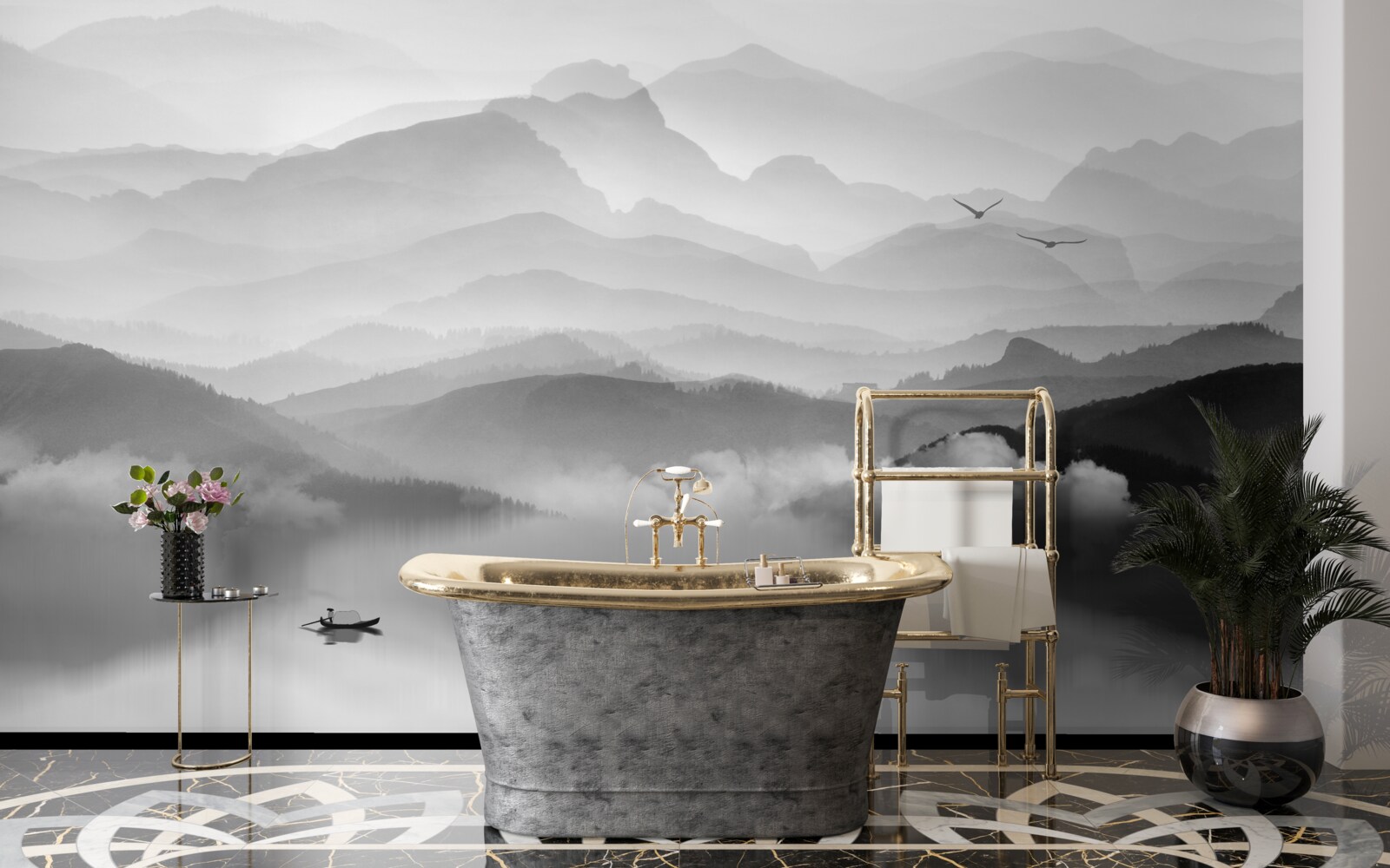 Papier peint un pêcheur revient sur le lac de misty mountain