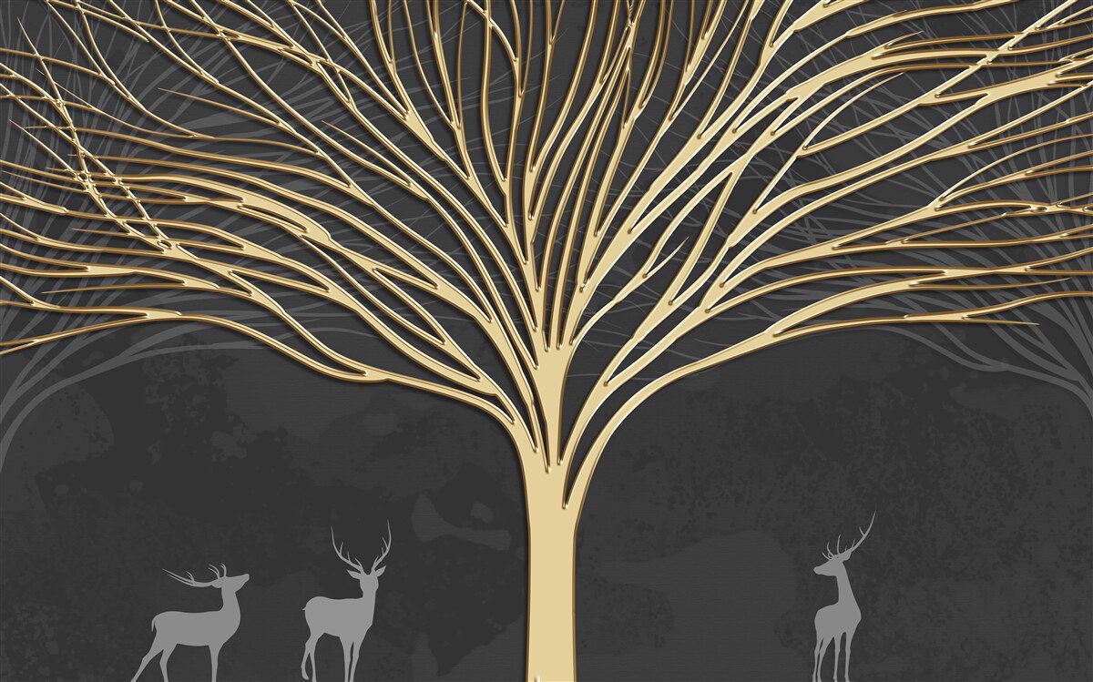 Papier peint un troupeau de cerfs et un arbre d'or
