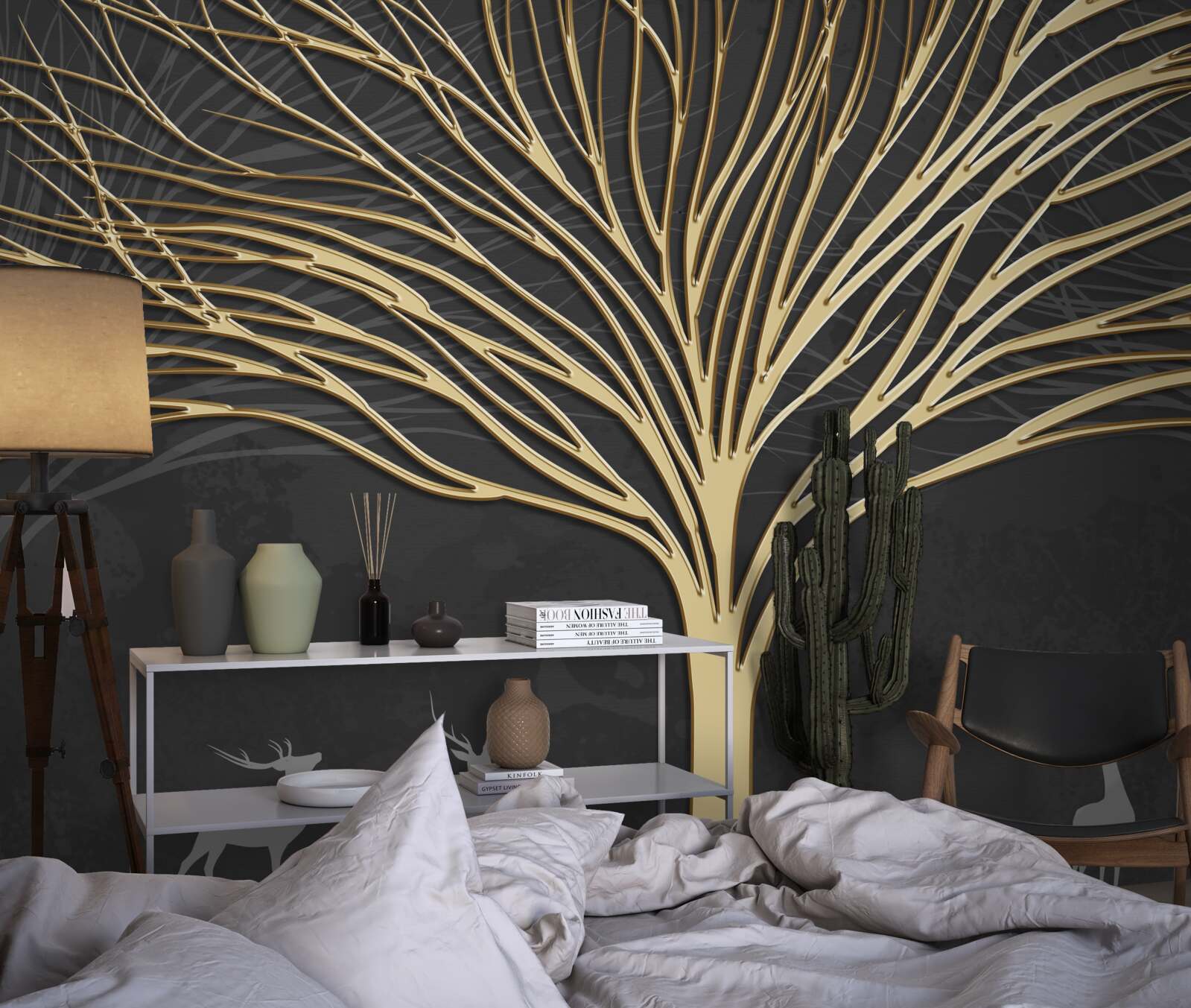 Papier peint un troupeau de cerfs et un arbre d'or