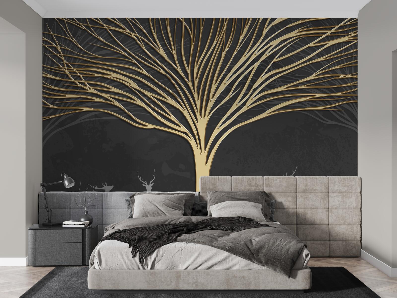 Papier peint un troupeau de cerfs et un arbre d'or