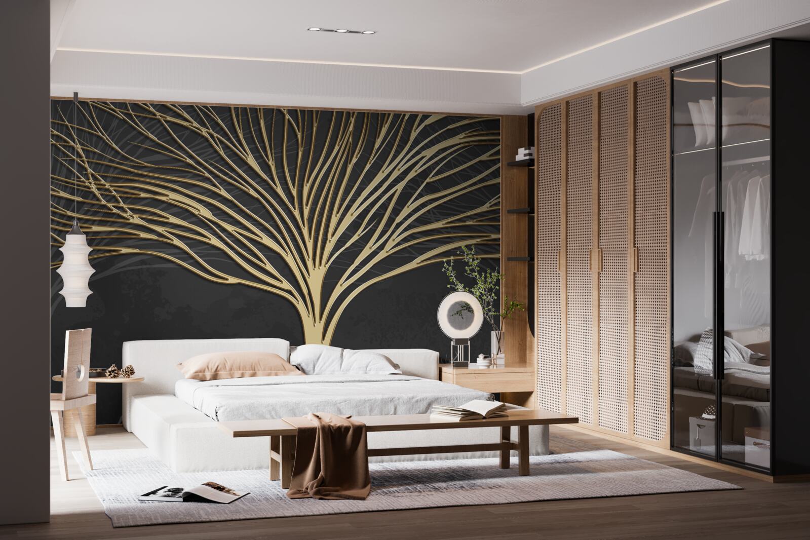 Papier peint un troupeau de cerfs et un arbre d'or